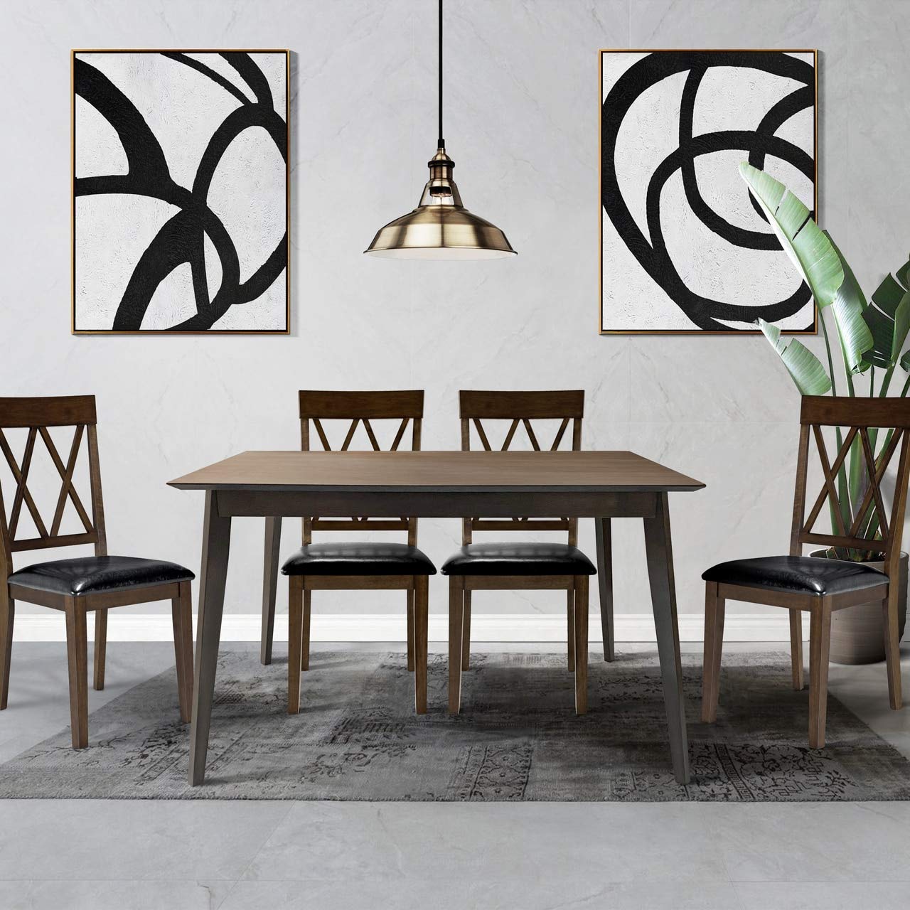 CAPHAUS Modern 5-Piece Dining Table Set with Black Leather Chairs - Rectangular Kitchen Table & 4 Matching Chairs for Home, Family Meals & Entertaining Guests