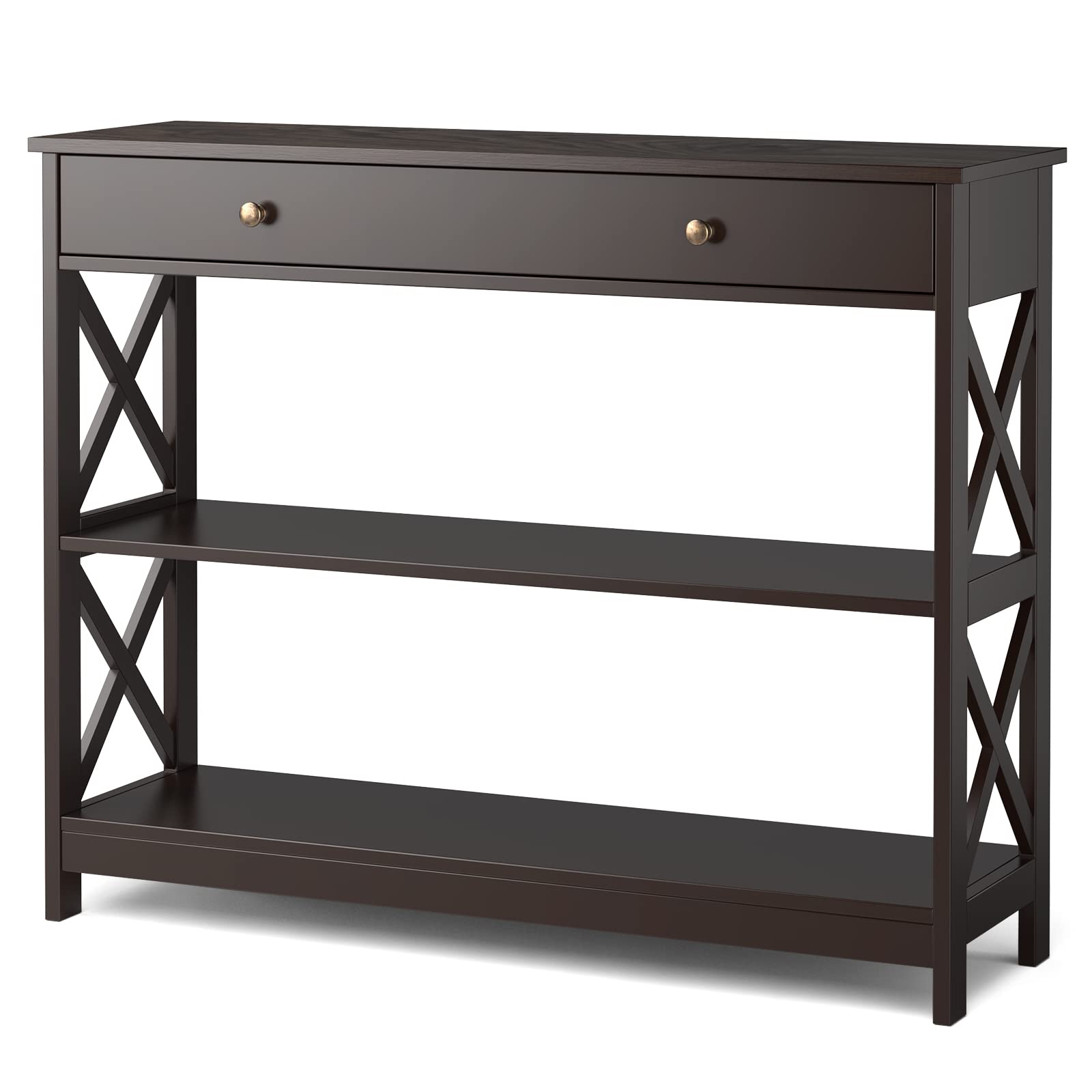 Modern Narrow Console Table with Drawer & 3-Tier Storage Shelves - Sofa Table for Living Room, Entryway Hallway Furniture - Easy Assembly Espresso Finish - Perfect for Small Spaces, Apartment Decor & Home Organization