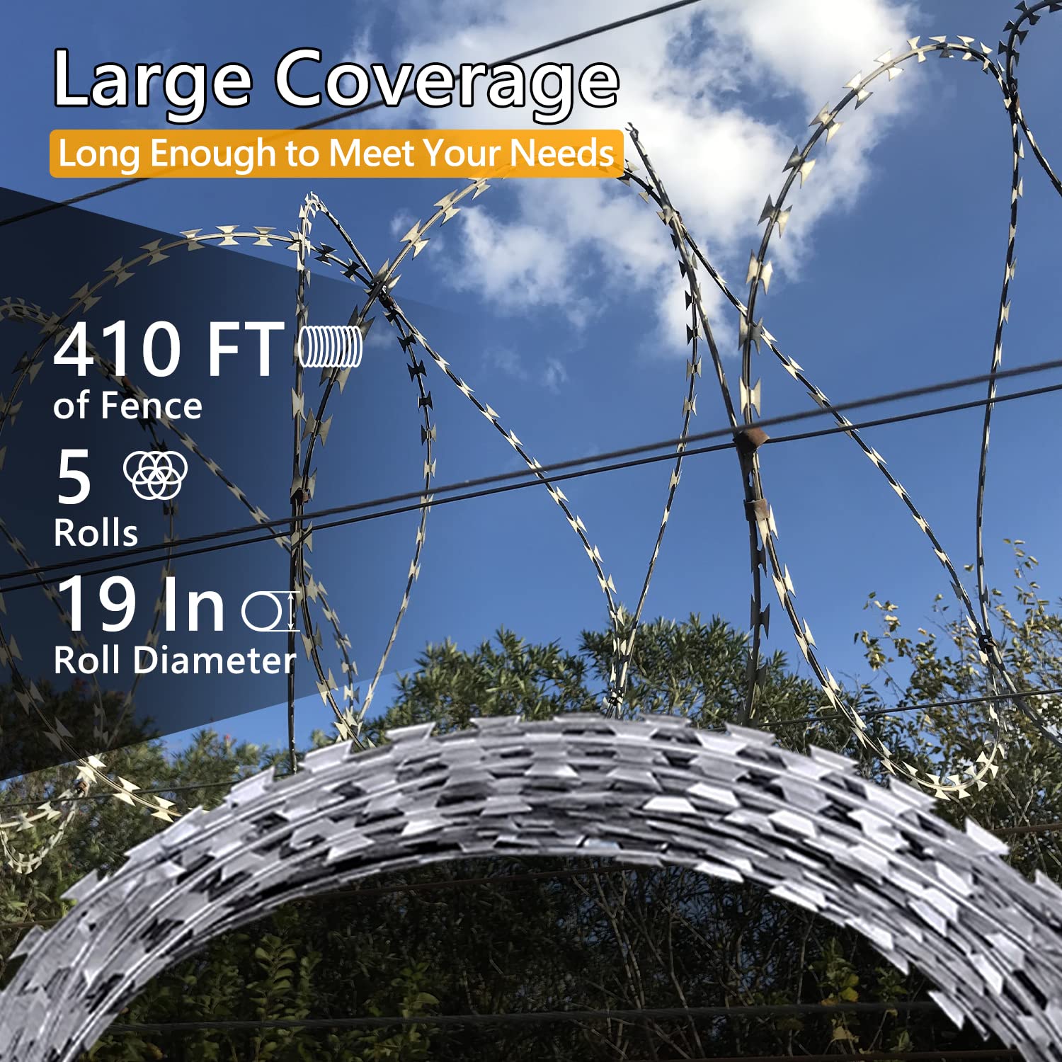 410FT Galvanized Steel Razor Wire - Heavy Duty Barbed Concertina Wire for Security Fencing (5 Rolls, 82FT Each) | Perfect for Perimeter Protection, Military Bases & Property Security