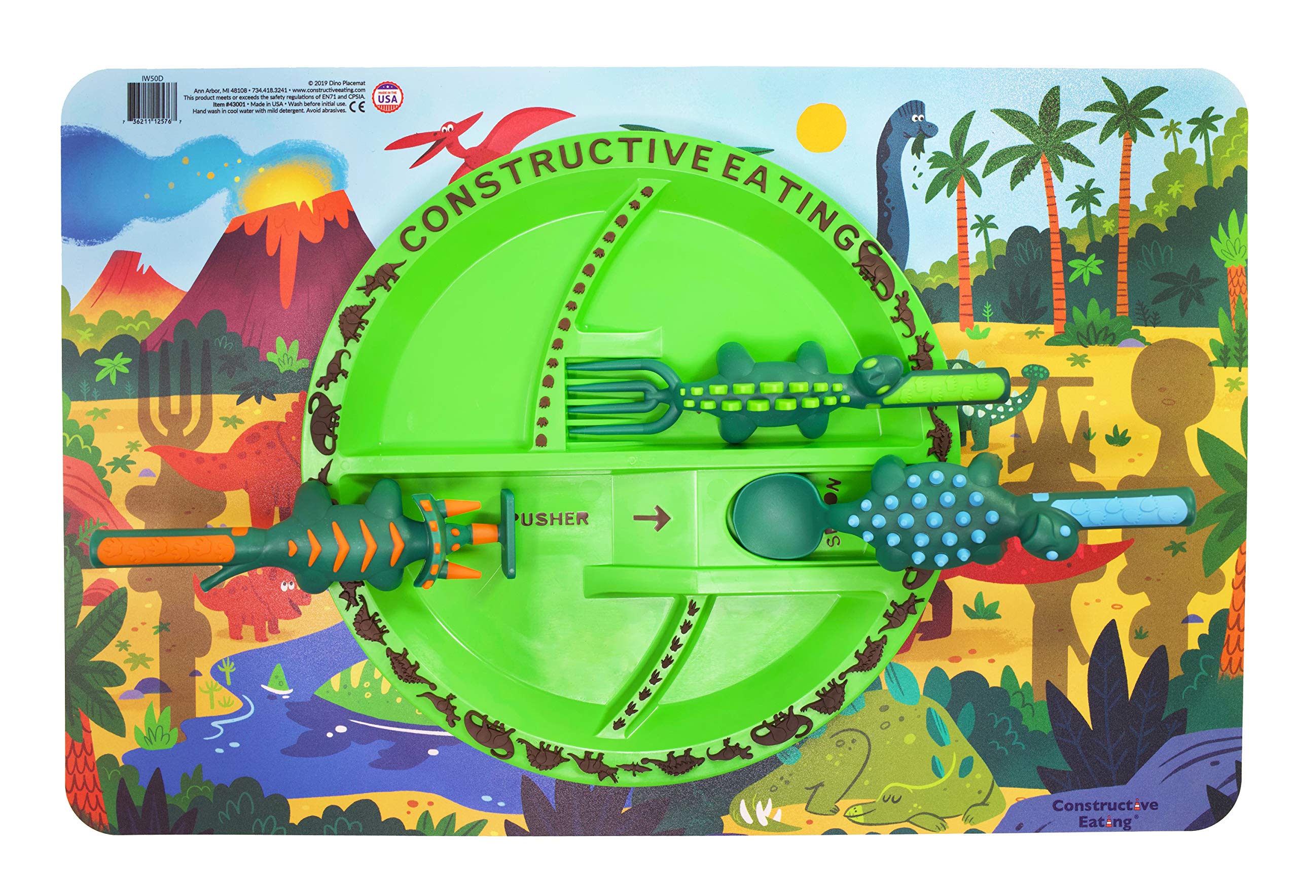 Constructive Eating USA-Made Kids Utensil Set - 3-Piece Construction, Dinosaur & Garden Themed Utensils with Plates & Placemats for Toddlers & Children | BPA-Free Safe Materials | Perfect for Mealtime Fun & Learning