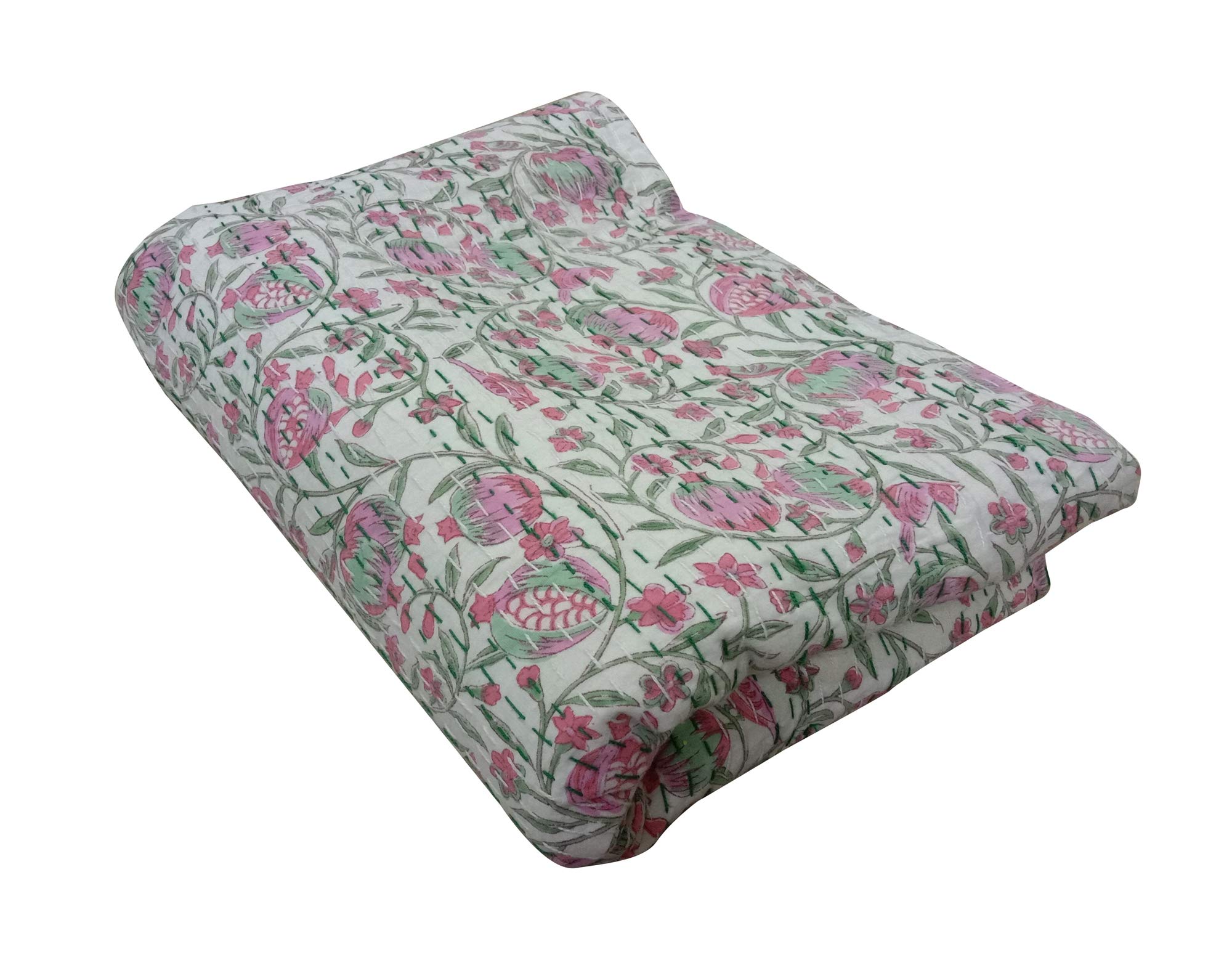 Handmade King Size Kantha Quilt - Traditional Block Print Cotton Blanket, Bed Cover & Bohemian Bedspread 90x108 Inches - Perfect for Boho Bedroom Decor, Guest Room & Cozy Winter Nights