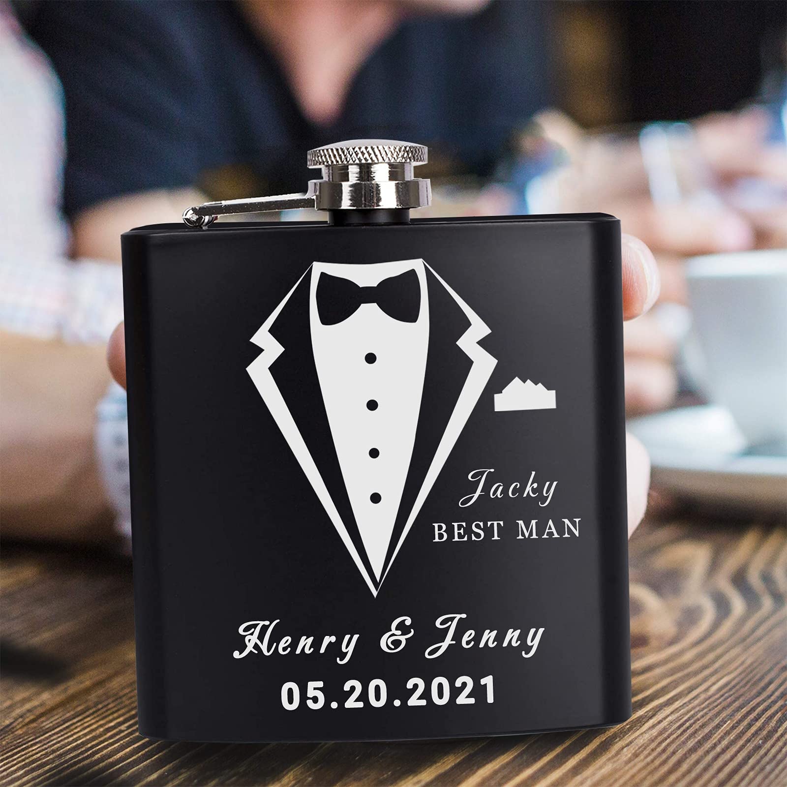Personalized Engraved Black Flask for Men - Custom Groomsmen & Best Man Gift, 6-8 oz Wedding Favor - Perfect for Bachelor Parties, Anniversaries & Special Occasions