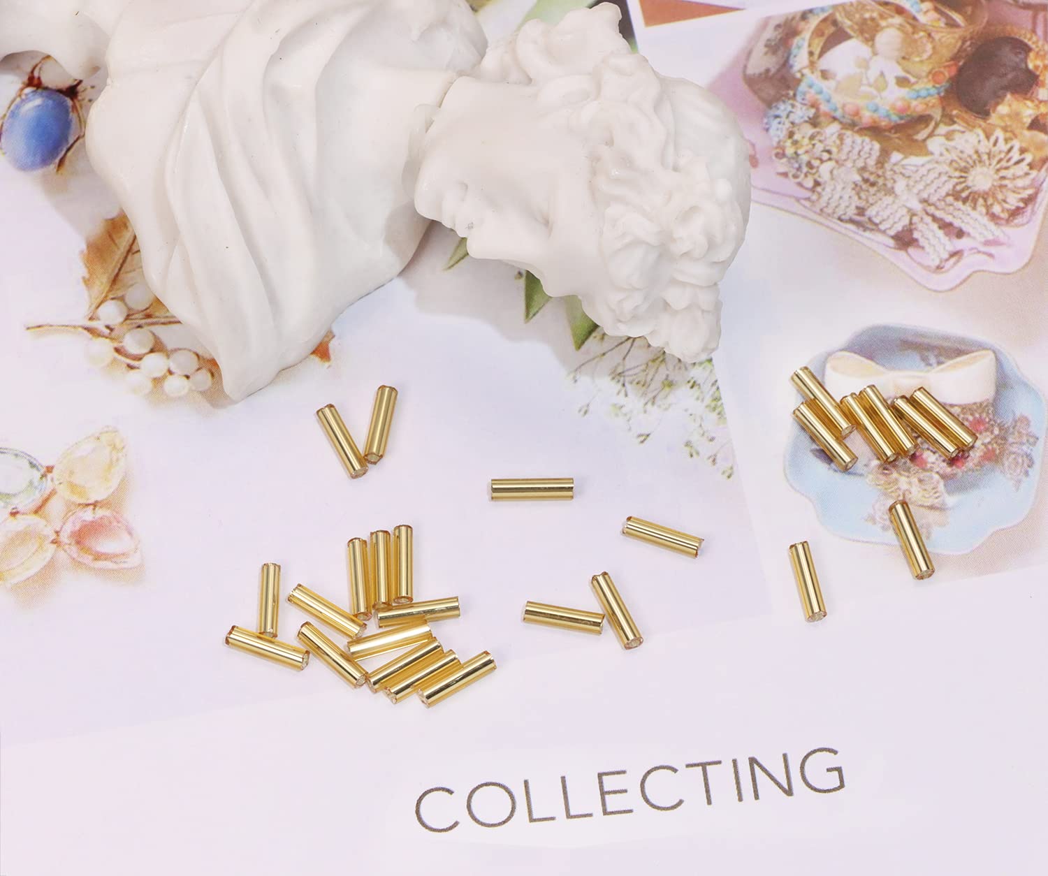 1100Pcs Glass Bugle Beads Penta Angel - 50g Mini Long Tube Seed Beads 2×6mm Small Craft Loose Spacer Beads for Jewelry Making (Gold) | Perfect for DIY Earrings, Bracelets, Necklaces & Waist Beads Jewelry Projects