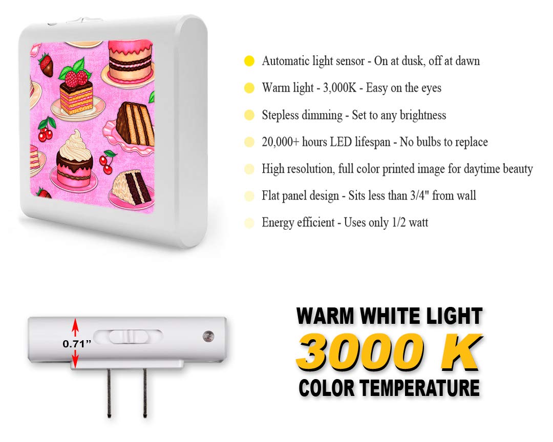 Dimmable LED Night Light with Auto On/Off Sensor - Adjustable Brightness Warm White Light for Bathroom, Hallway, Nursery & Bedroom - Perfect for Nighttime Safety and Comfort (Cake Deserts Design) - Image by Dan Morris