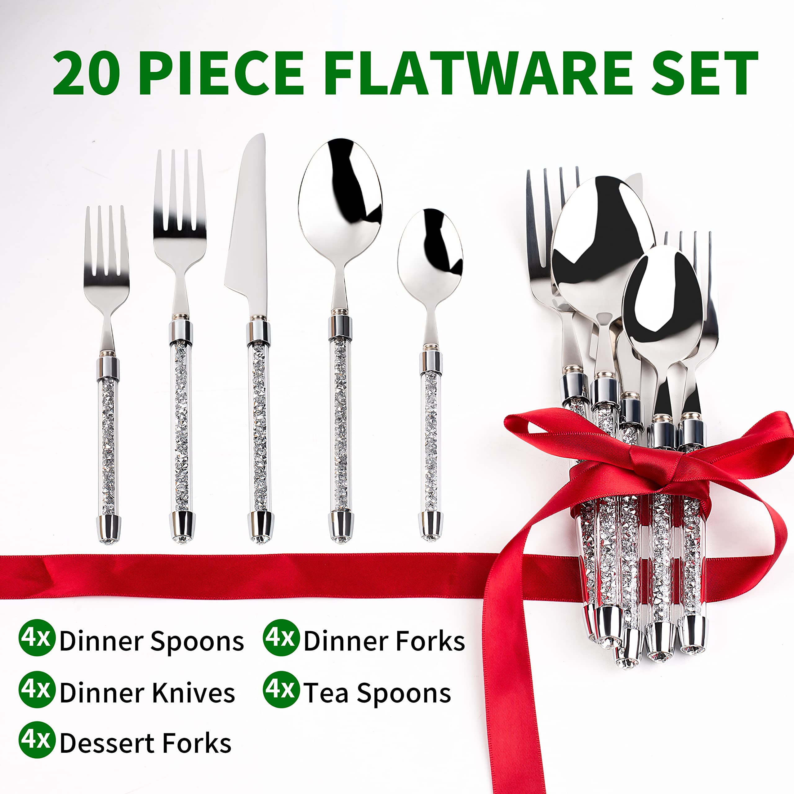 SHYFOY 20-Piece Bling Silverware Set - 18/8 Stainless Steel Flatware Cutlery with Crystal Glass Handles, Mirror Polished & Dishwasher Safe - Elegant Dinnerware for Home, Restaurant, Wedding & Party (Perfect for Formal Dining, Holiday Gatherings & Special Occasions)