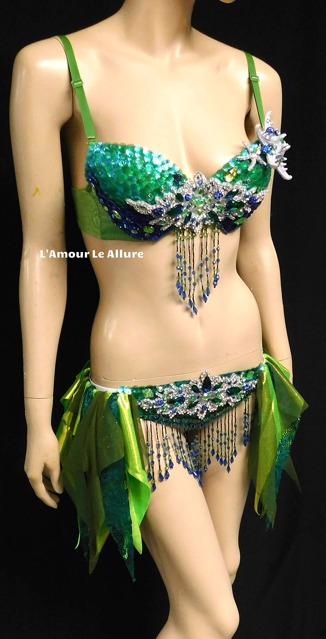 Sparkling Mermaid Bra & Skirt Set - Green, Blue & Silver Sequin Scales for Costume Parties, Halloween & Cosplay