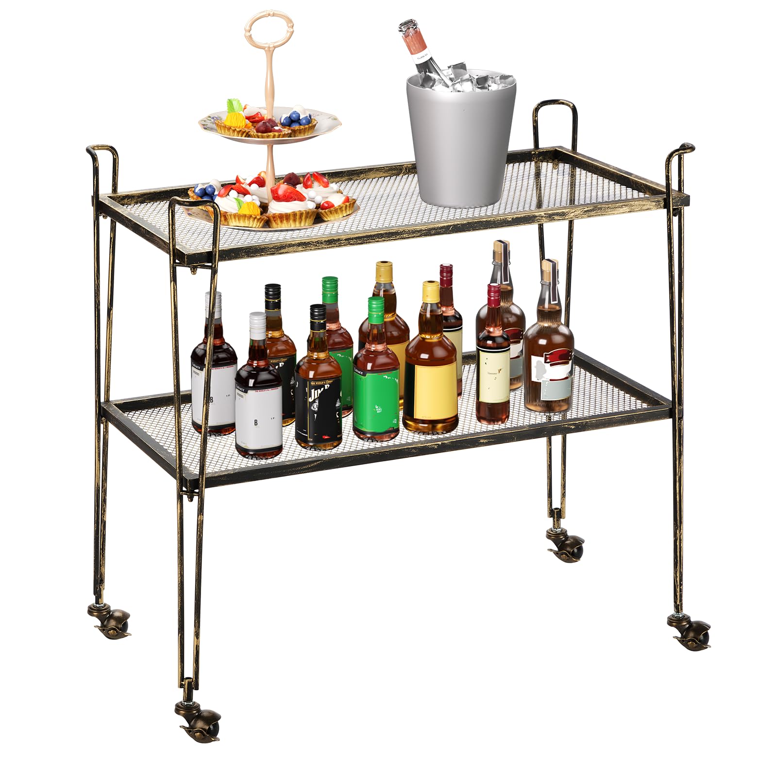 Premium Bronze Bar Cart - 2-Tier Rolling Beverage Serving Cart with Iron Frame (14.6