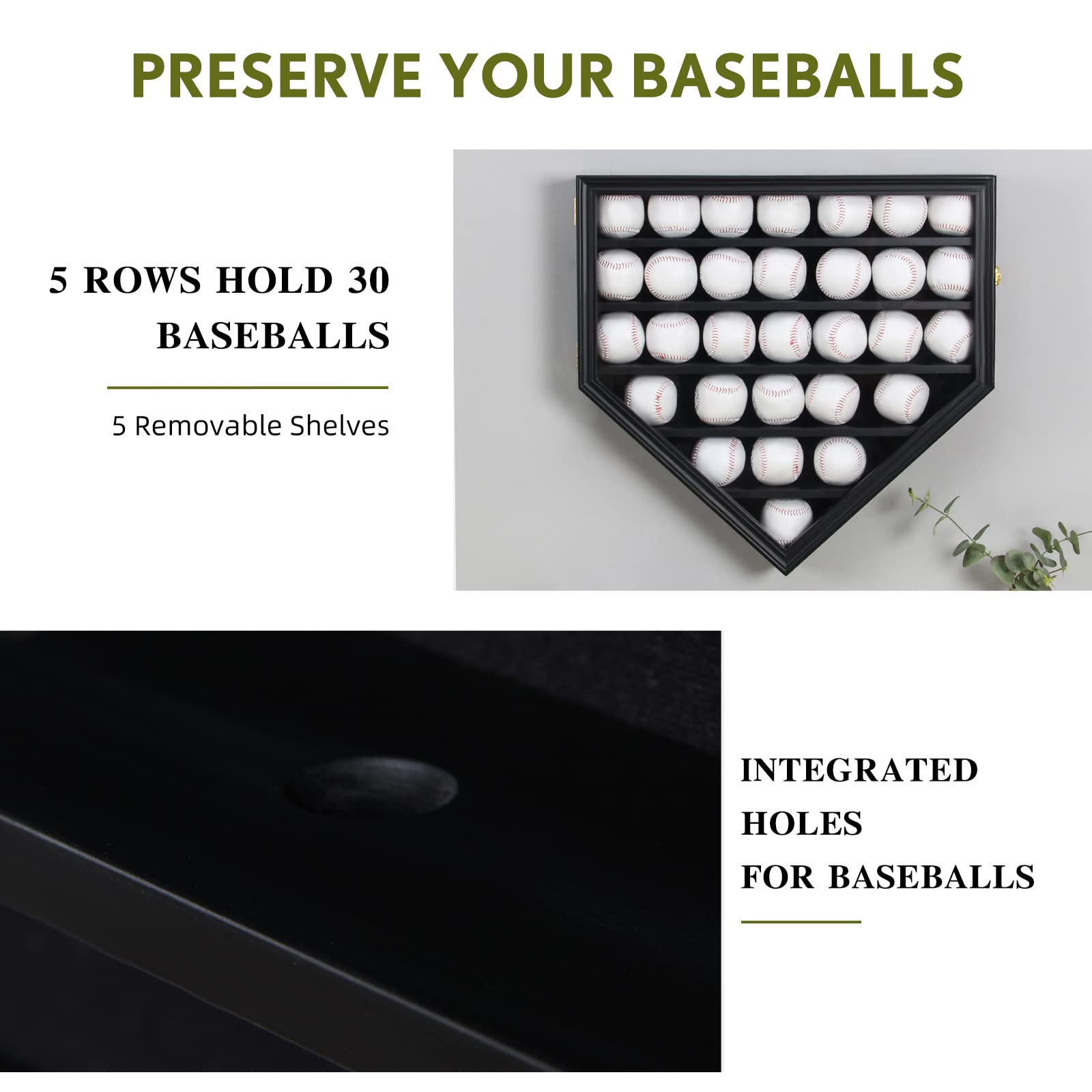 ARRAWIS 30-Slot Solid Wood Baseball Display Case with Anti-Fade Acrylic Glass Door - Large Capacity Wall Mount Shadow Box for Baseball Collectibles, Black Finish - Perfect for Home, Office, or Sports Memorabilia Display