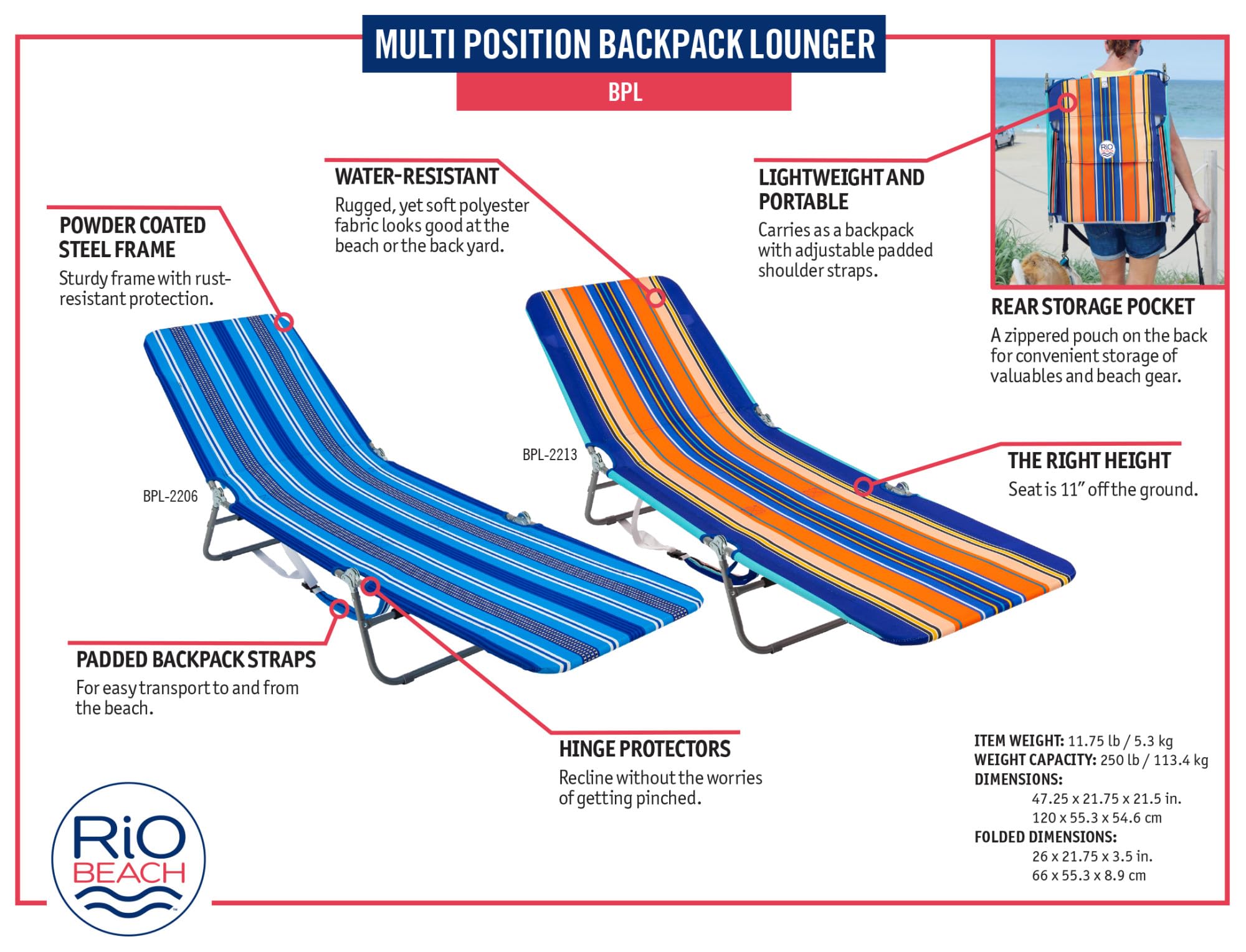 Rio Beach Portable Lay Flat Folding Backpack Beach Lounge Chair - Lightweight, Adjustable with Backpack Straps & Storage Pouch - Perfect for Beach, Pool, Camping & Outdoor Relaxation - Blue Stripe