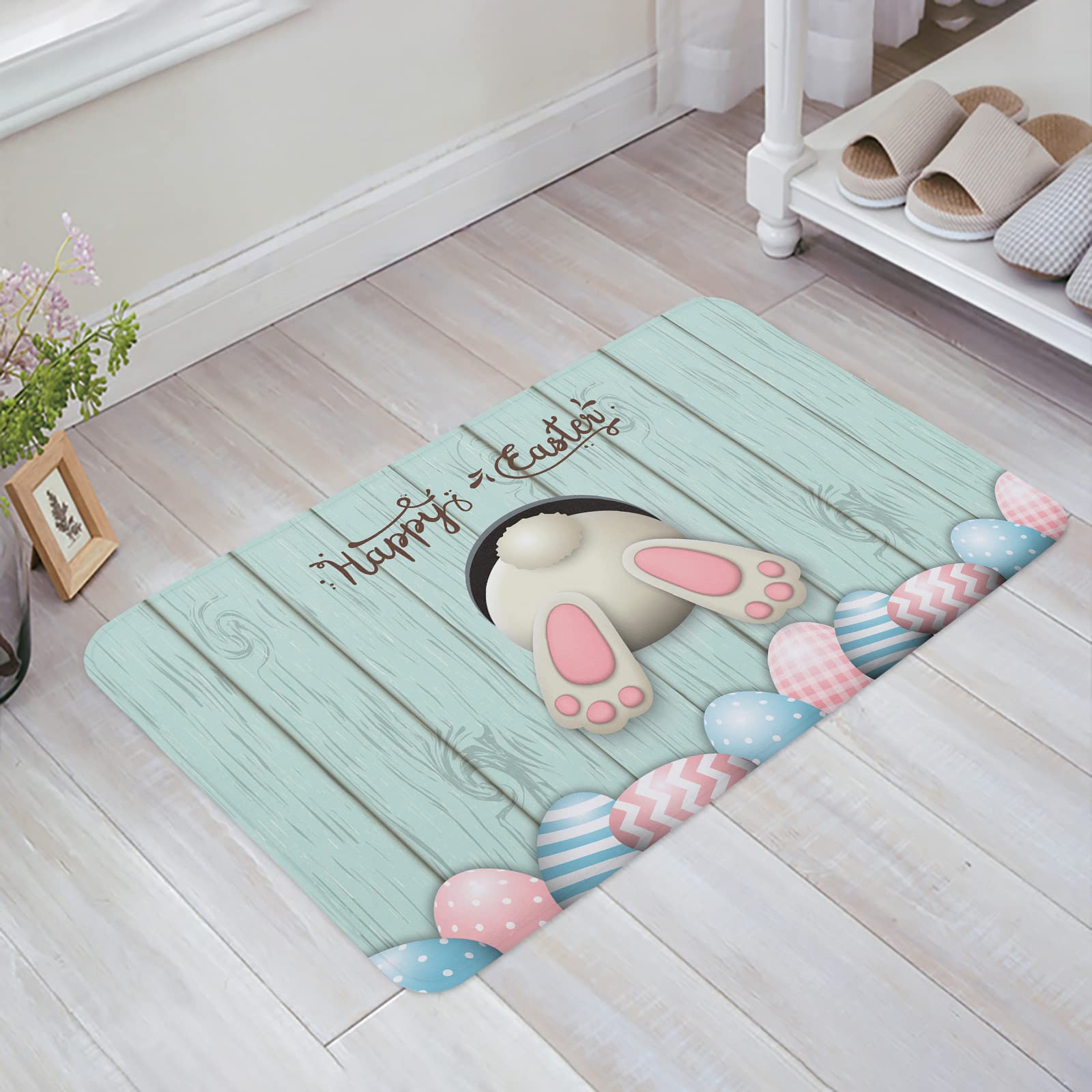 Non-Slip Easter Bunny Butt Doormat - Indoor/Outdoor Welcome Mat with Wood Grain Egg Border for Front Door, Back Door, Bathroom & Kitchen - Perfect for Spring Decor & Holiday Entryway