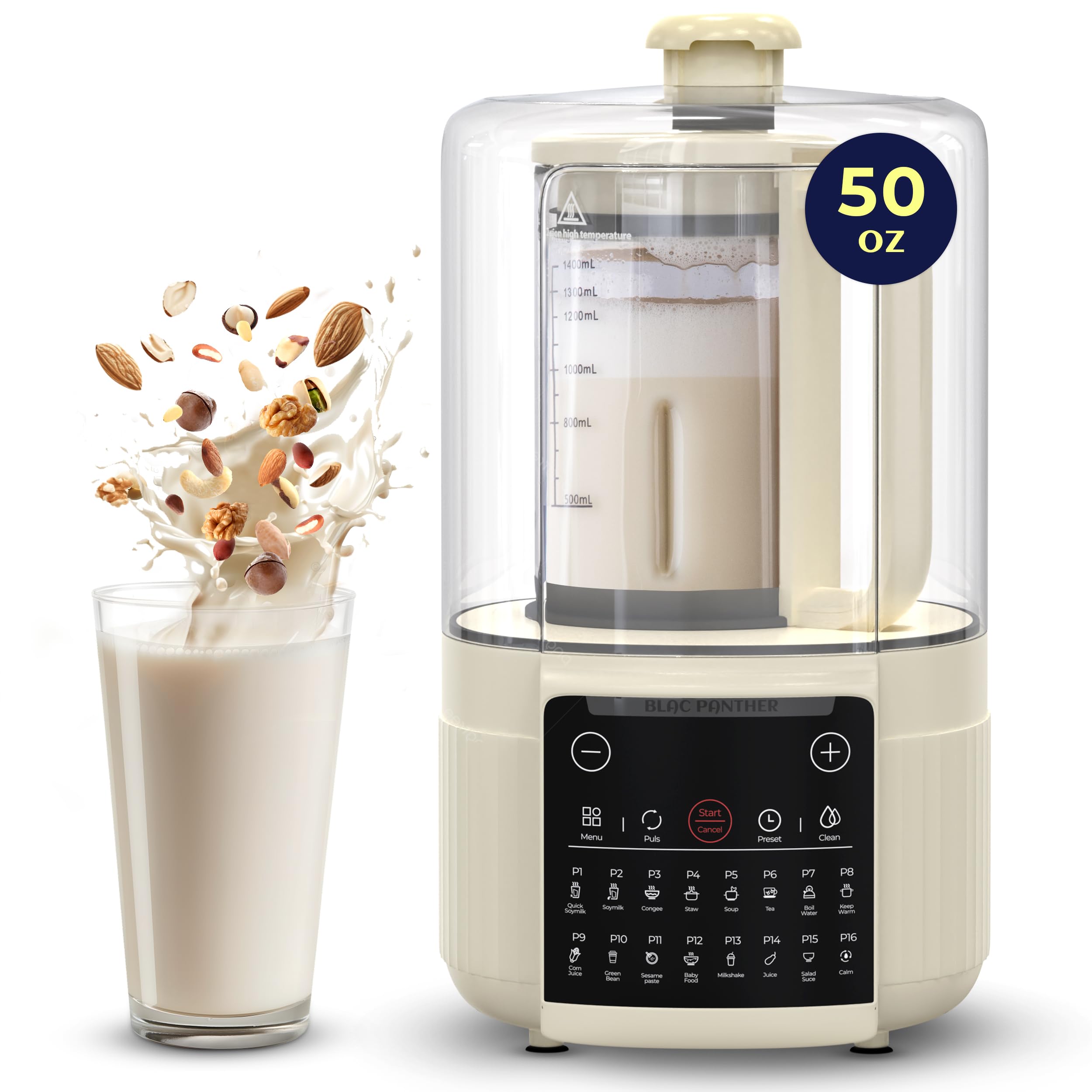 16-in-1 Blender & Nut Milk Maker 50oz - High Speed Soy/Oat Milk Maker, Plant-Based Milk Machine, Milkshake & Soup Blender with 8 Blades | Ultra-Quiet Noise Canceling, Auto Timer & Heat Insulation | Perfect for Vegan Milk, Smoothies, Baby Food & Hot Soups