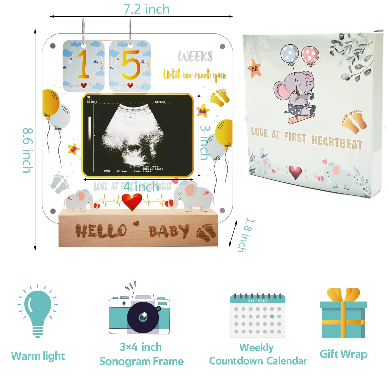 Magnetic Ultrasound Frame with Baby Countdown - Elephant Shower Gift for Expecting Moms | Nursery Decor