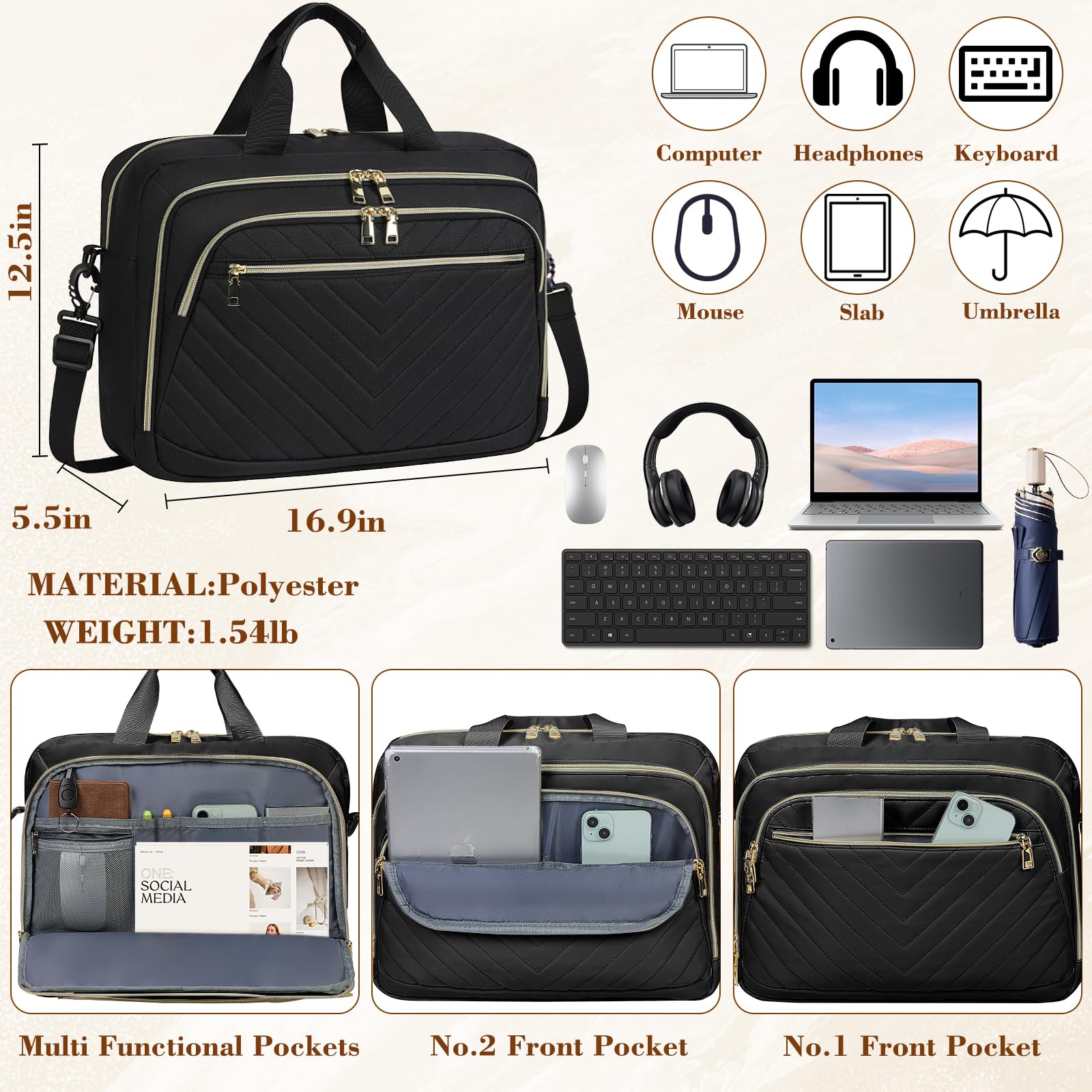 17.3 Inch Professional Laptop Bag for Women - Large Capacity Business Briefcase with Shoulder Strap, Ideal for Work, Office, and Travel
