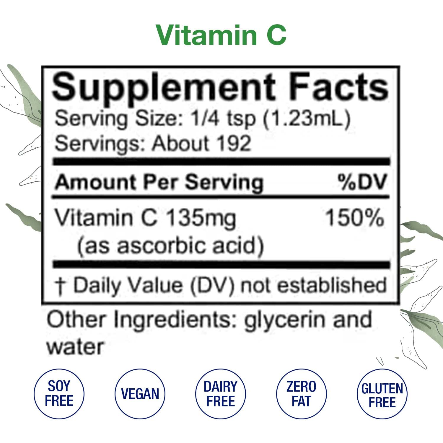 **Alcohol-Free Vitamin C Liquid Drops - Vegan & Non-GMO Oral Supplement for Immune Support, Skin, Bones & Joint Health - Kids & Adults (8 oz) - Perfect for Daily Wellness & Travel**