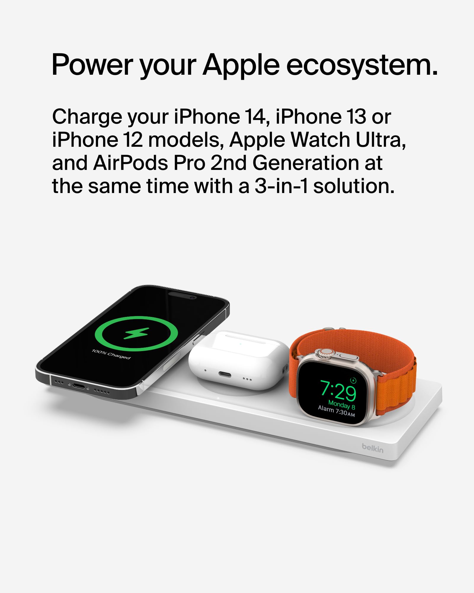 Belkin MagSafe 3-in-1 Wireless Charging Station - Fast Charger for iPhone 14/13/12, Apple Watch & AirPods - Compact Magsafe Charging Pad for Home, Office & Travel - White