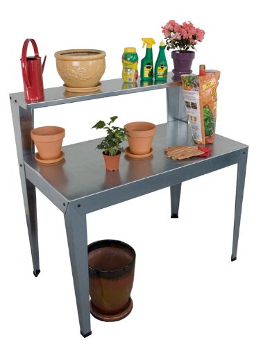 2-Tier Steel Workbench for Greenhouse, Potting, and Nursery - Heavy Duty Garage & Garden Work Table with Shelves for Plants & Tools (Silver) | Perfect for Gardening, DIY Projects & Organizing Equipment