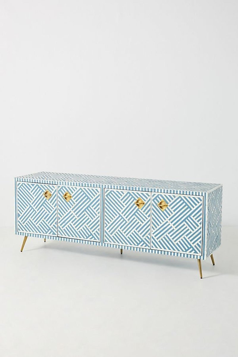 Handmade Bone Inlay TV Stand with Four Doors - Sky Blue Media Console for Living Room, Bedroom & Home Theater - Modern Optical Design Storage Cabinet for TV, Gaming Console & Entertainment Systems
