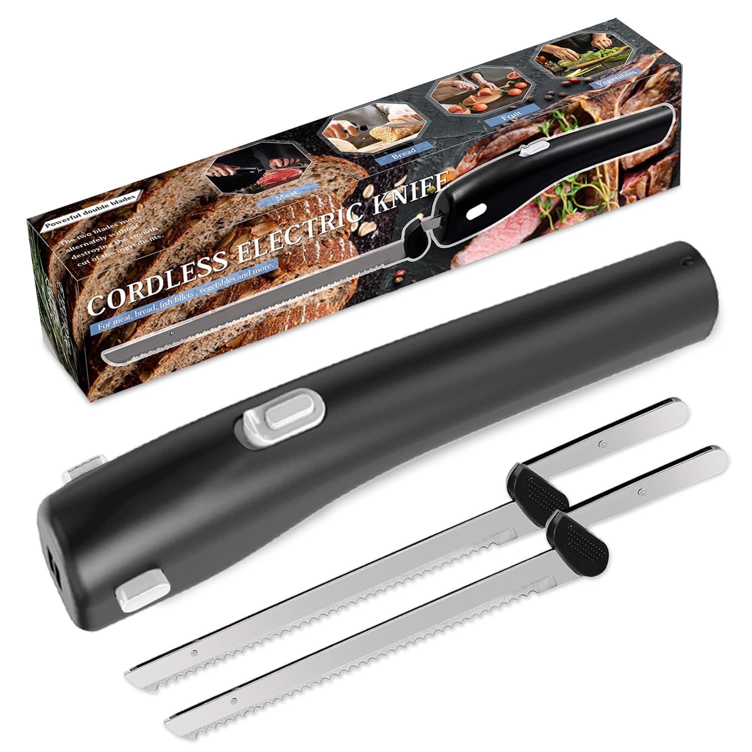 Rechargeable Cordless Electric Knife with 2 Stainless Steel Blades - Safety Lock & Ergonomic Handle for Carving Meat, Bread, Fish, Cheese & Steak | Perfect for Holiday Dinners, BBQ Parties & Home Cooking (Grey)