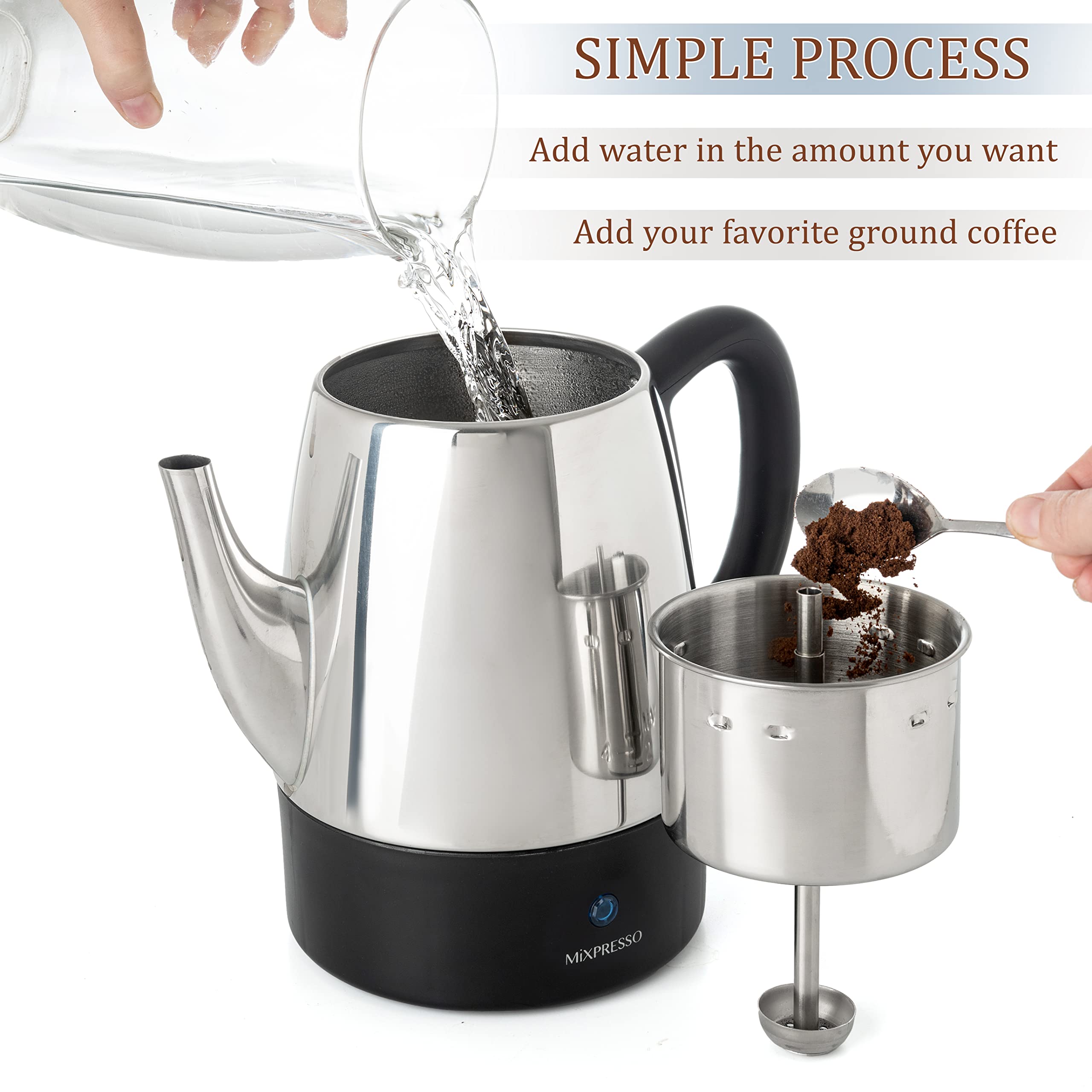 Mixpresso 4-Cup Electric Coffee Percolator with Keep Warm Function, Stainless Steel Coffee Maker with Removable Basket - Perfect for Home, Office, or Camping Use