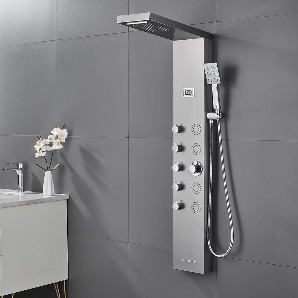 **MENATT 5-in-1 Shower Panel Tower System - SUS304 Stainless Steel with 4 Body Massage Jets, Rainfall & Waterfall Shower Head, Handheld Shower & Bathtub Spout - Perfect for Spa-Like Bathroom Upgrades & Luxury Shower Experience**