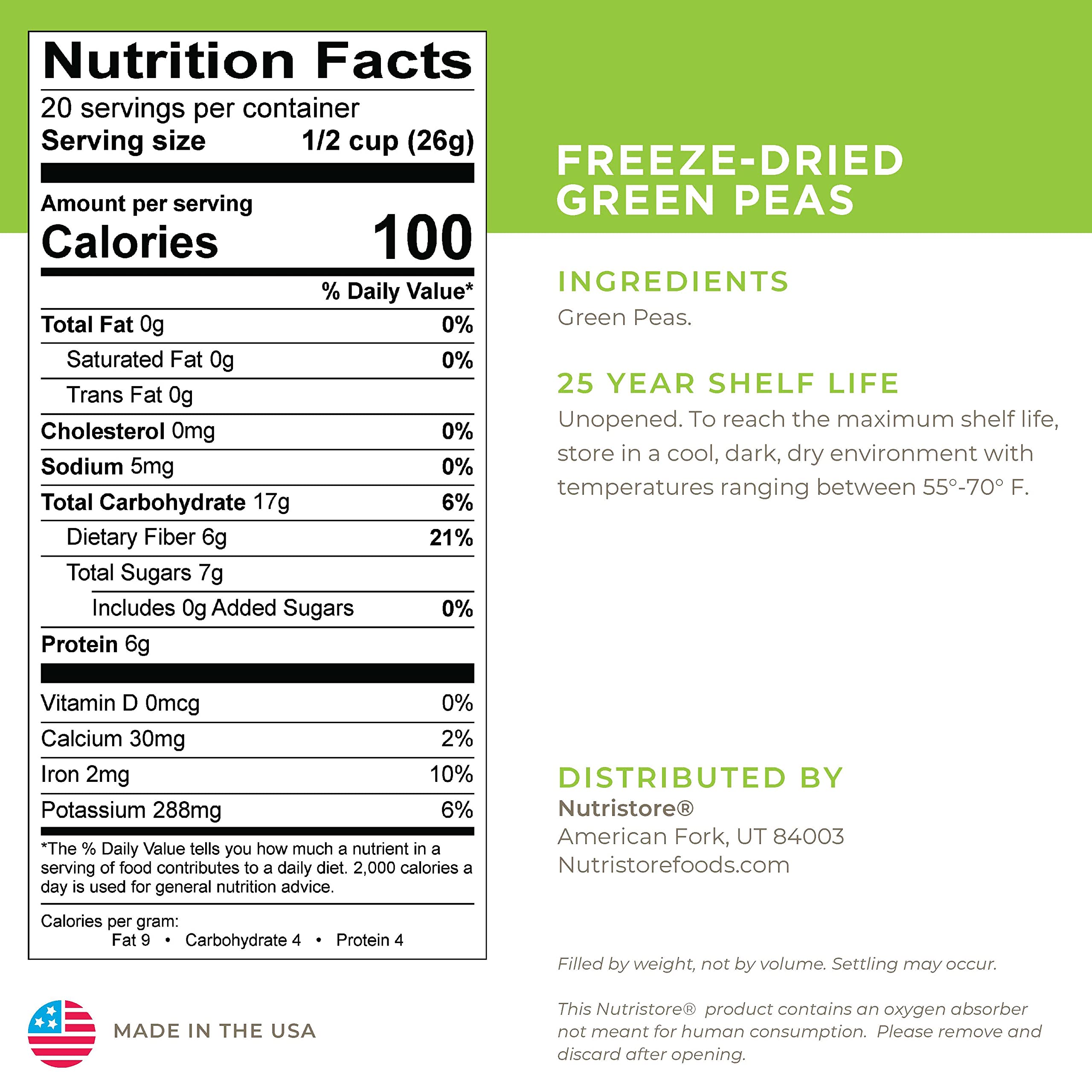 Nutristore Freeze Dried Green Peas - 4 Pack (160 Servings, 72 oz) | 25 Year Shelf Life | Healthy & Tasty Snack | Perfect for Camping, Hiking & Emergency Food Storage