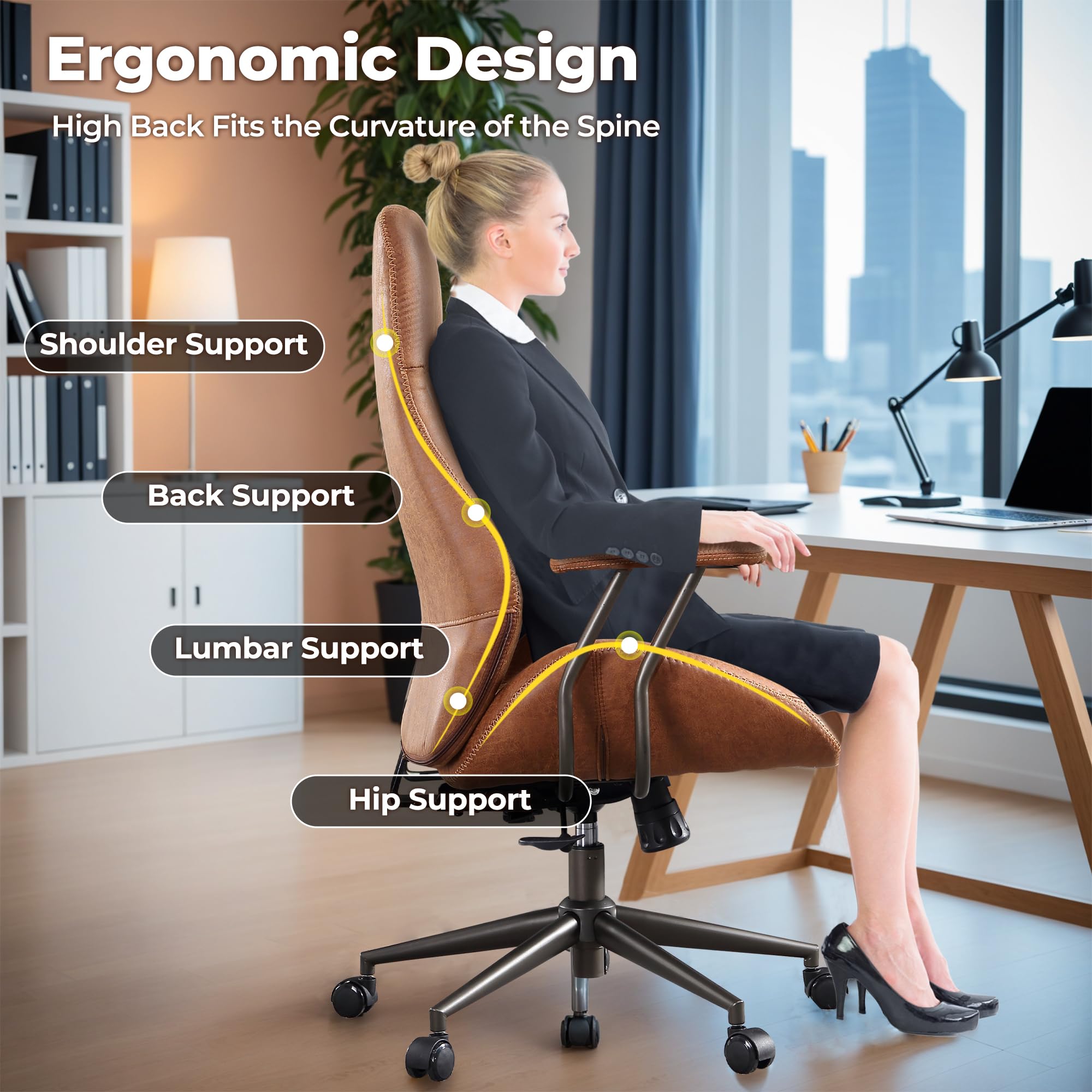 Ovios Mid Century Modern Office Chair with Lumbar Support - Ergonomic High Back Executive Chair with Swivel Wheels, Brown Suede Leather - Perfect for Home Office, Conference Rooms & Workspaces