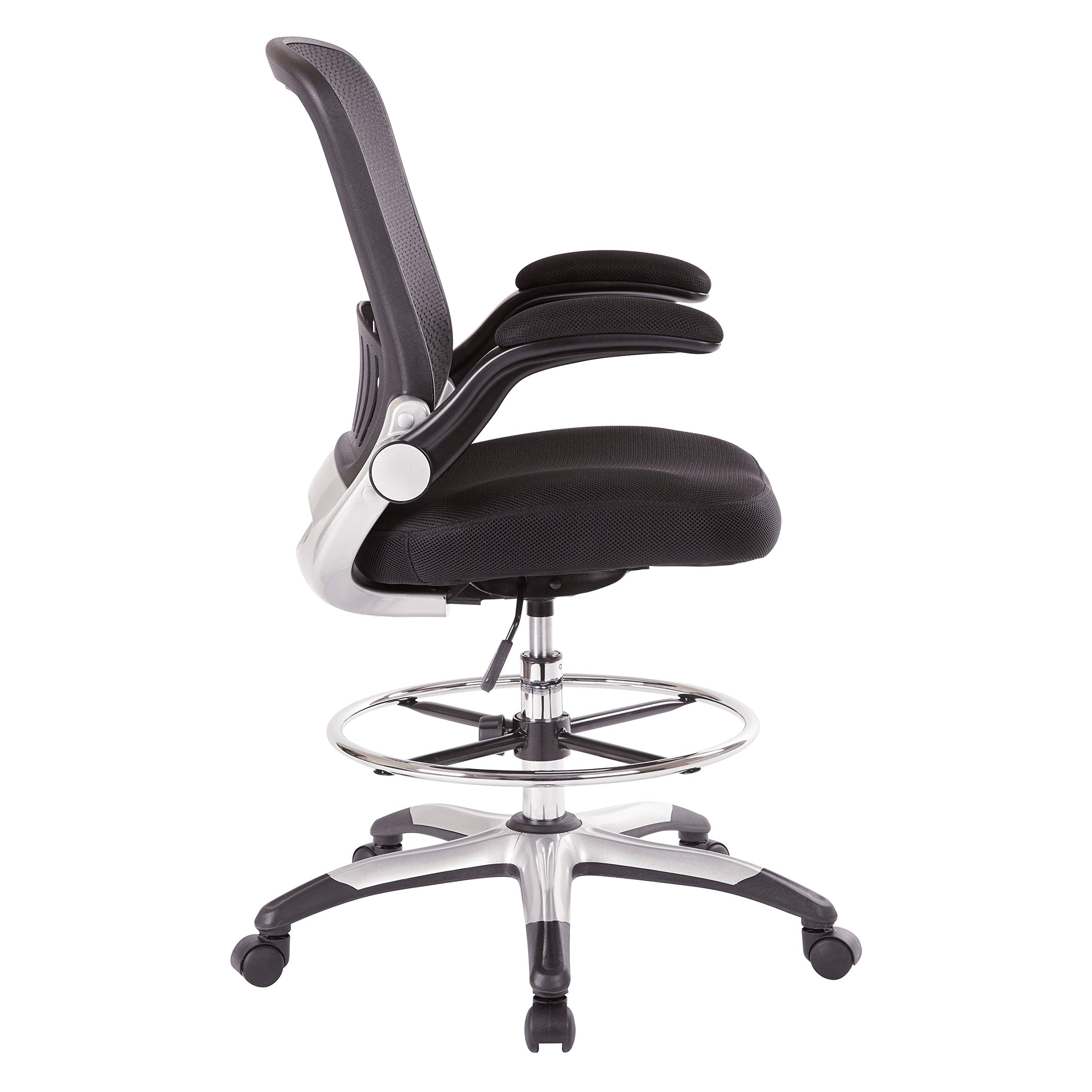 Ergonomic Mesh Back Drafting Chair with Adjustable Foot Ring & Padded Flip-Up Arms - Black Faux Leather & Nylon - Perfect for Architects, Artists & Office Workstations
