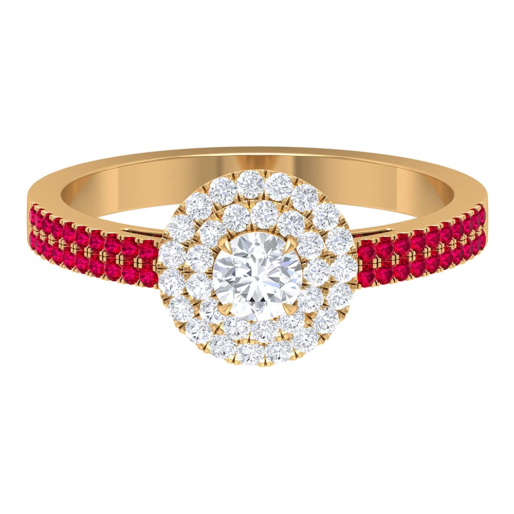 1 CT Diamond & Created Ruby Double Halo Ring - 14K Solid Gold Women's Engagement Ring with Ruby Side Stones | Perfect for Proposals, Anniversaries & Special Occasions