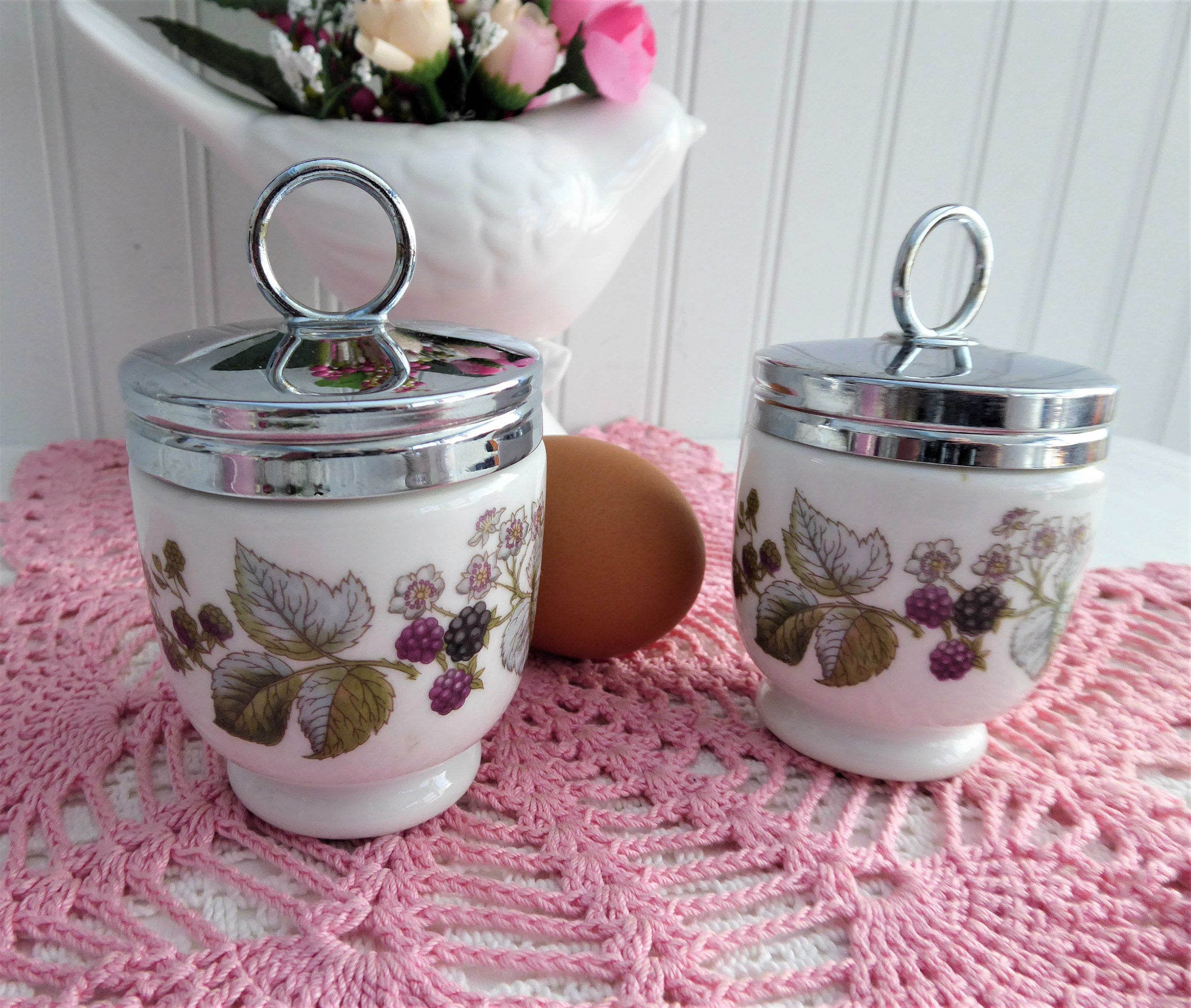 Vintage Royal Worcester Lavinia Egg Coddlers - Blackberry Vines Design, Single Standard Size (1970s Collectible) | Perfect for Breakfast, Tea Time & Antique Home Decor