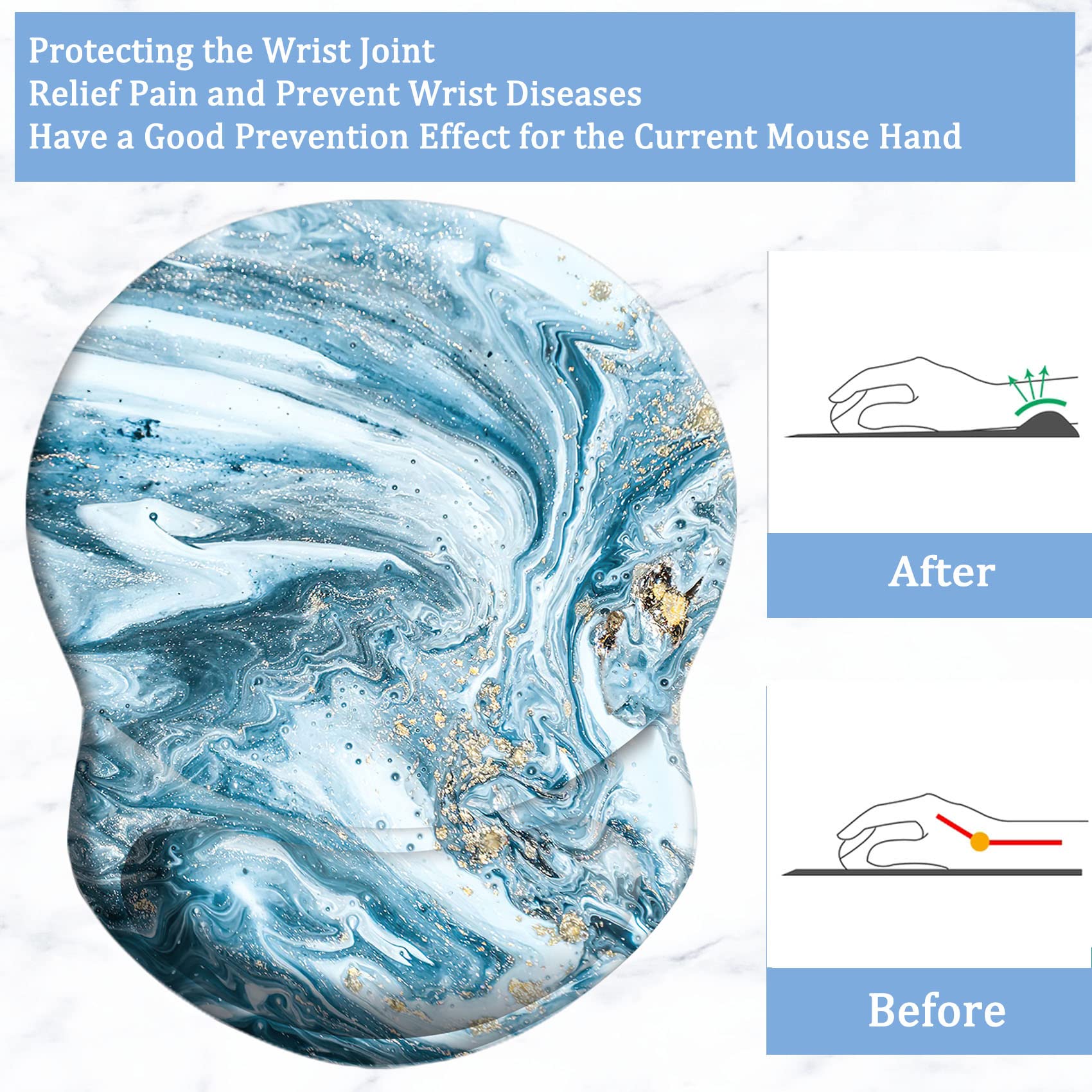 Ergonomic Mouse Pad with Wrist Support - Pain Relief & Comfortable PU Non-Slip Base for Home Office, Work, Study & Gaming - Gold Blue Marble Design for PC & Laptop Users