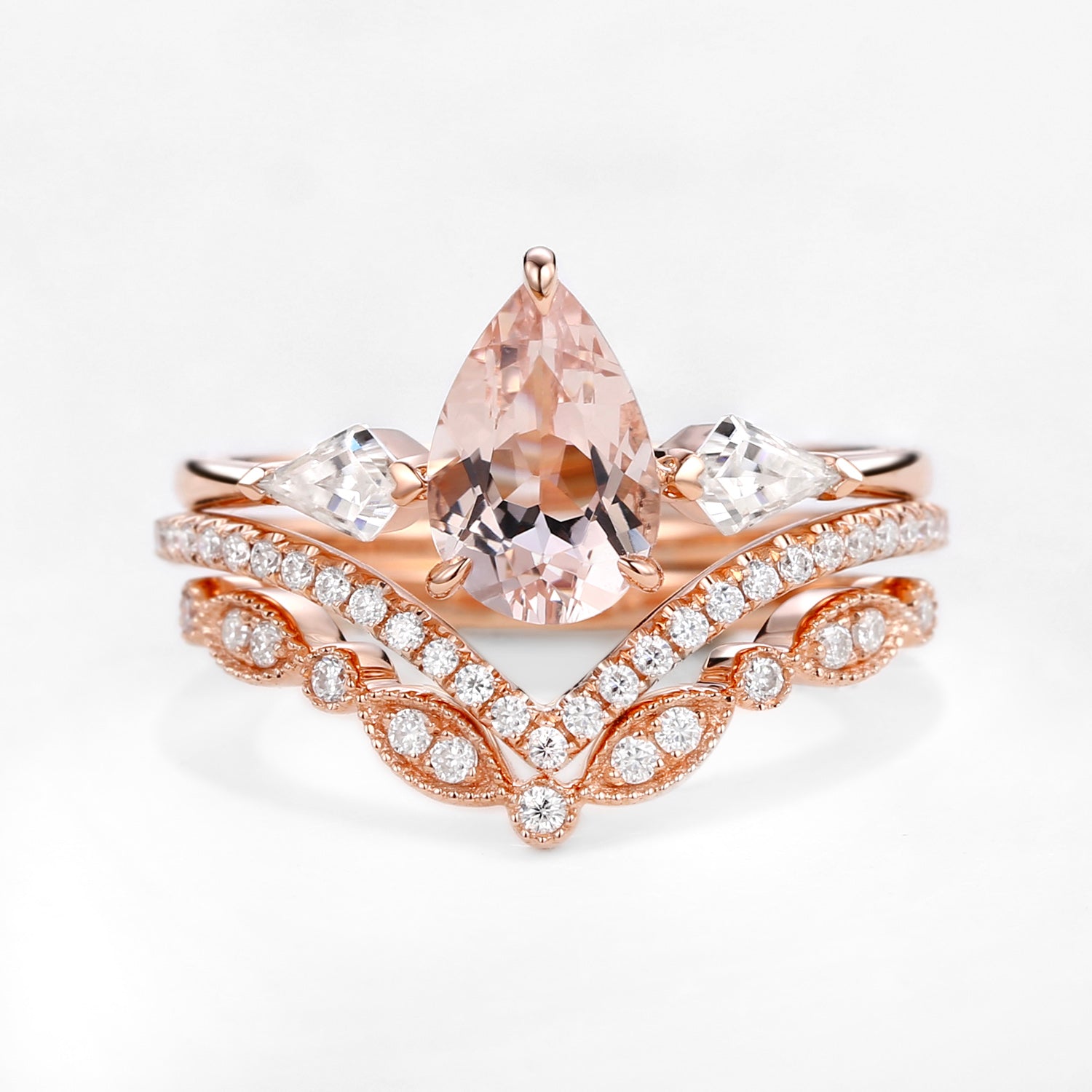 Peachy Morganite & Moissanite Three Stone Ring Set - 3 Piece Wedding Engagement Jewelry for Women - Perfect for Proposals, Anniversaries & Special Occasions