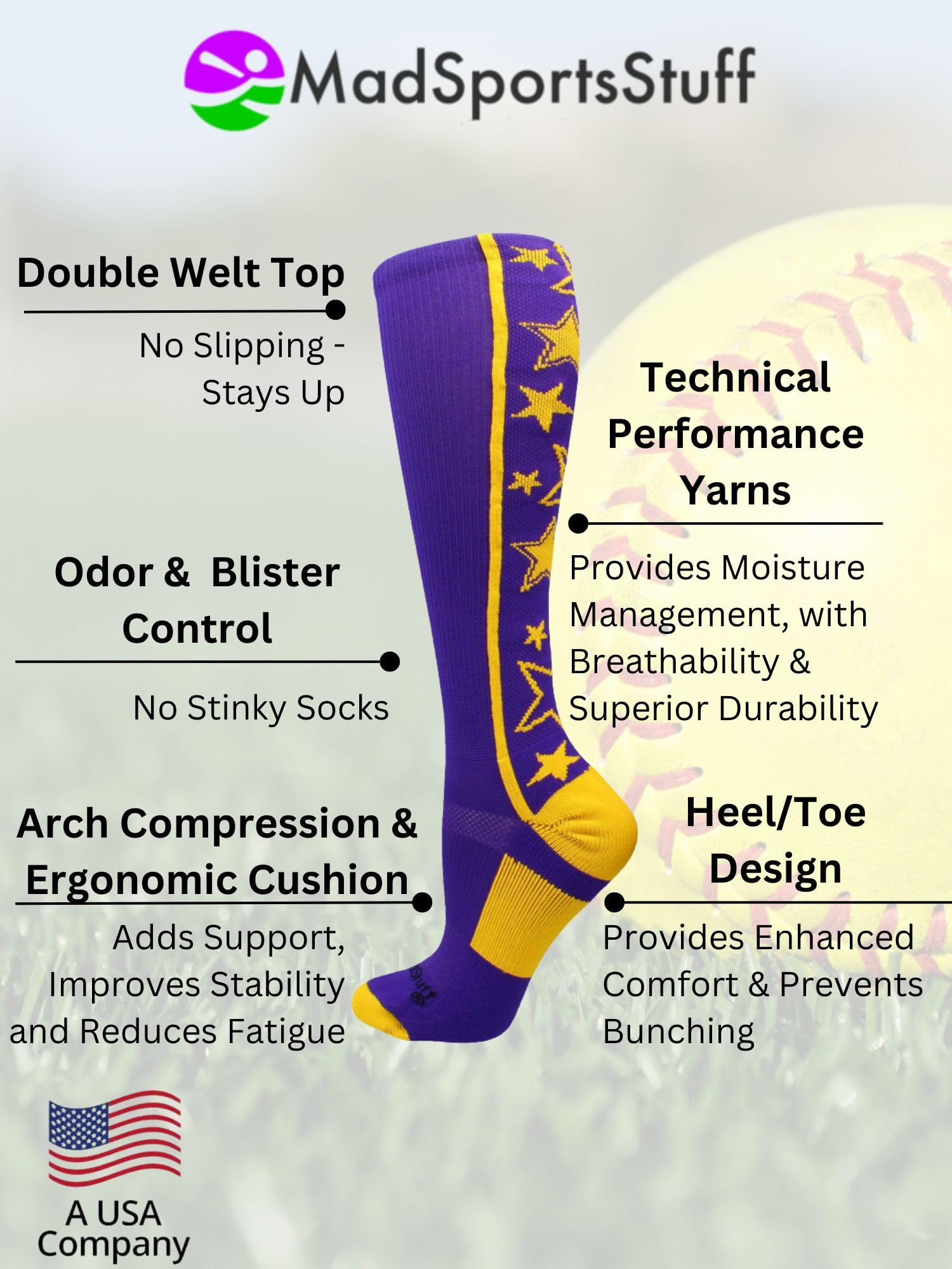 MadSportsStuff Softball Socks with Stars - Over The Calf Tall Socks for Girls, Women & Youth - Breathable Athletic Socks for Baseball, Softball & Sports Practice