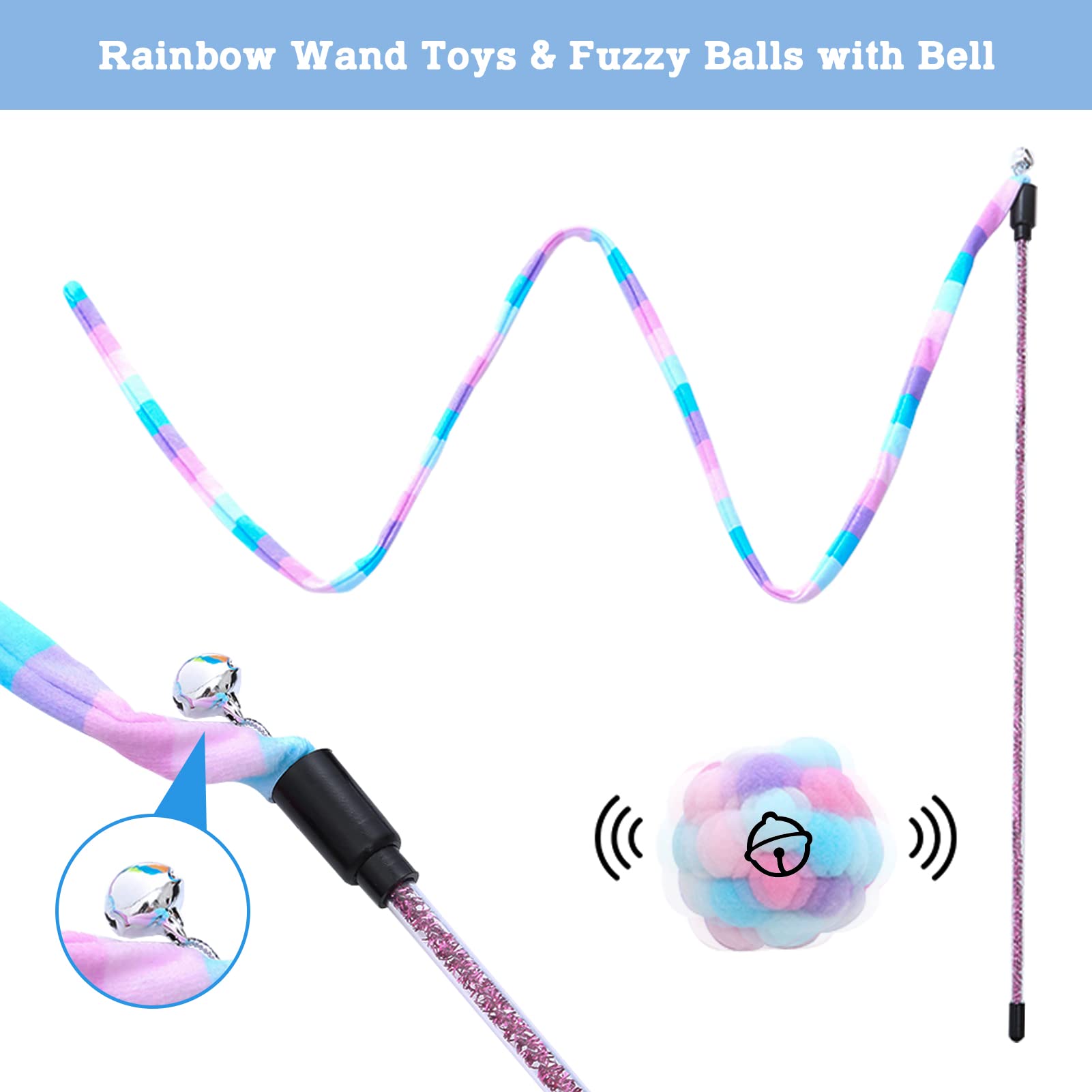 **Interactive Cat Toys for Indoor Cats - 3 Pack Rainbow Wand with Fuzzy Balls & Bell, Spring Toy for Kittens & Puppies - Perfect for Chase, Exercise & Playtime**