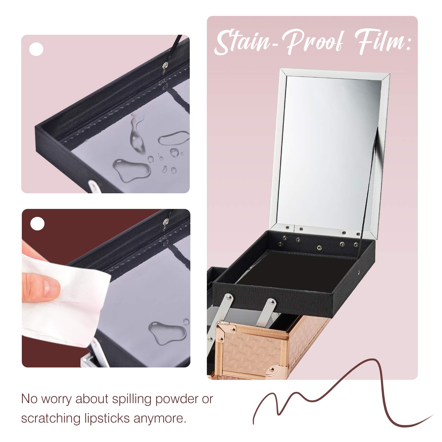 Joligrace Beauty Makeup Train Case - Portable Cosmetic & Jewelry Organizer with Lock, Keys & Mirror | 2-Tier Storage Box with Handle | Rose Gold | Perfect for Travel, Salon & Home Organization