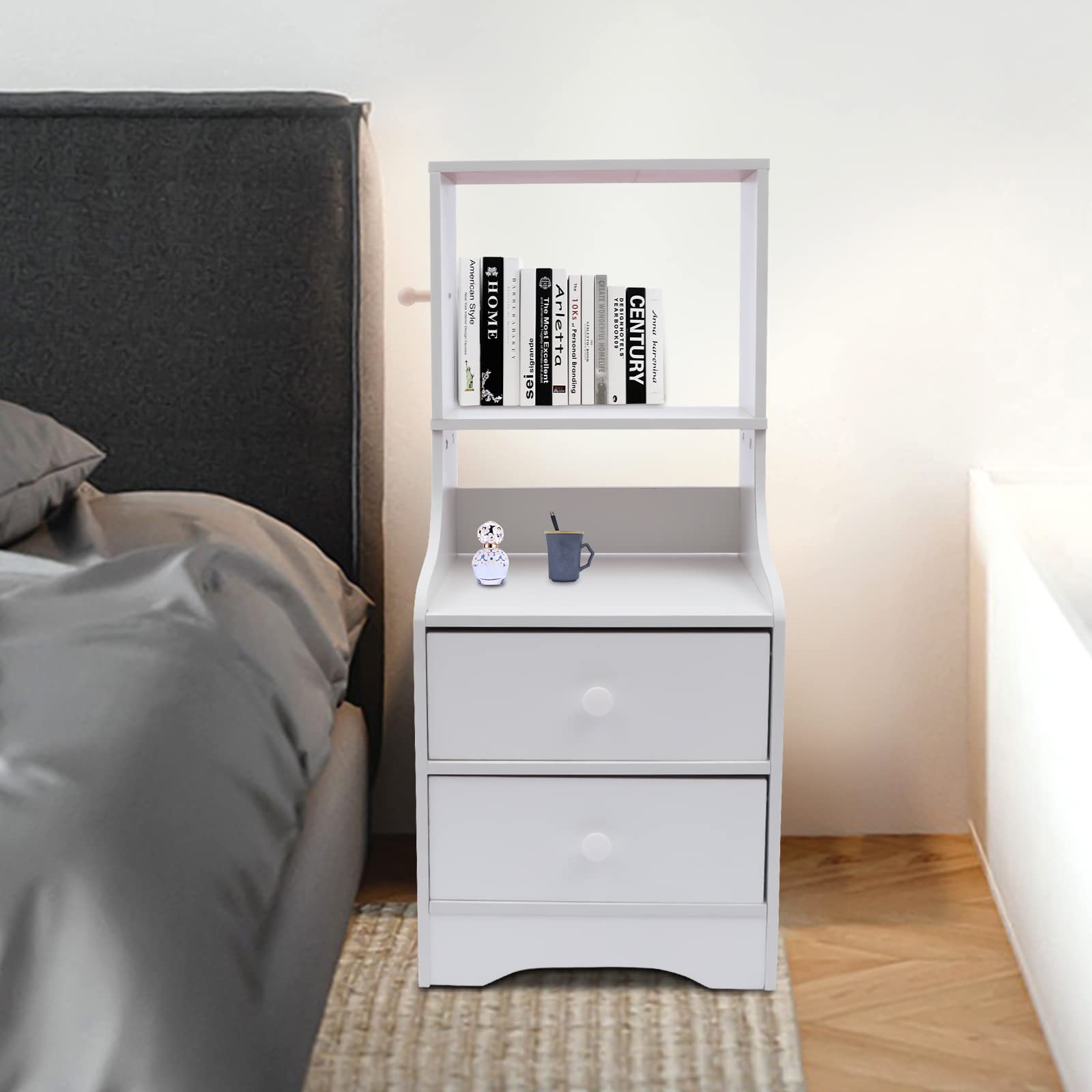Modern White 2-Tier Nightstand with Drawer & Notice Board - Rectangular Wood Bedside Table with 2 Storage Cabinets - Perfect for Bedroom, Living Room, or Office Organization