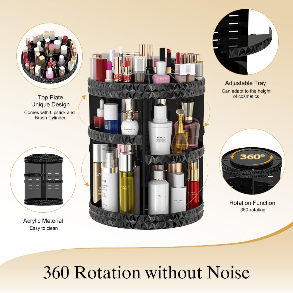 360° Rotating Makeup Organizer - Adjustable Spinning Carousel Storage Rack for Cosmetics & Skincare | Large Capacity Vanity Organizer with DIY Design | Perfect for Bathroom Countertop, Dressing Table & Travel (Black)
