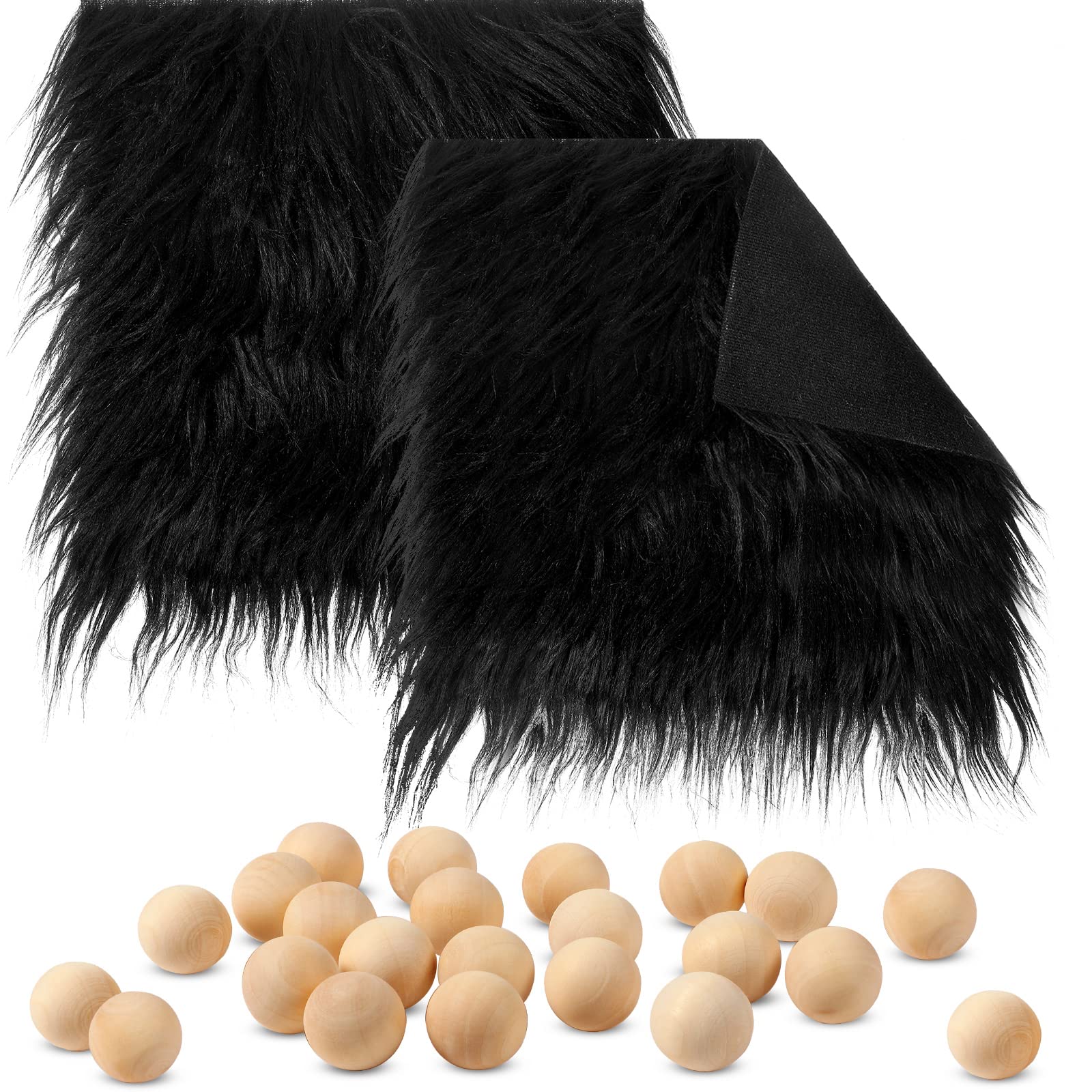 22-Piece DIY Faux Fur Fabric Squares & Wooden Balls Craft Kit - Includes 2 Fur Patches & 20 Wooden Balls for Gnome Making, Sewing, Costume Design, Home Decor & Holiday Crafts (Black) - Perfect for DIY Projects, Christmas Ornaments & Handmade Gifts