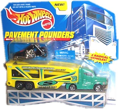 Hot Wheels Pavement Pounders Transport Rig Tractor Trailer & Black Motorcycle Replicas - Diecast Car Toys for Kids Collection, Racing Play & Display Scenes