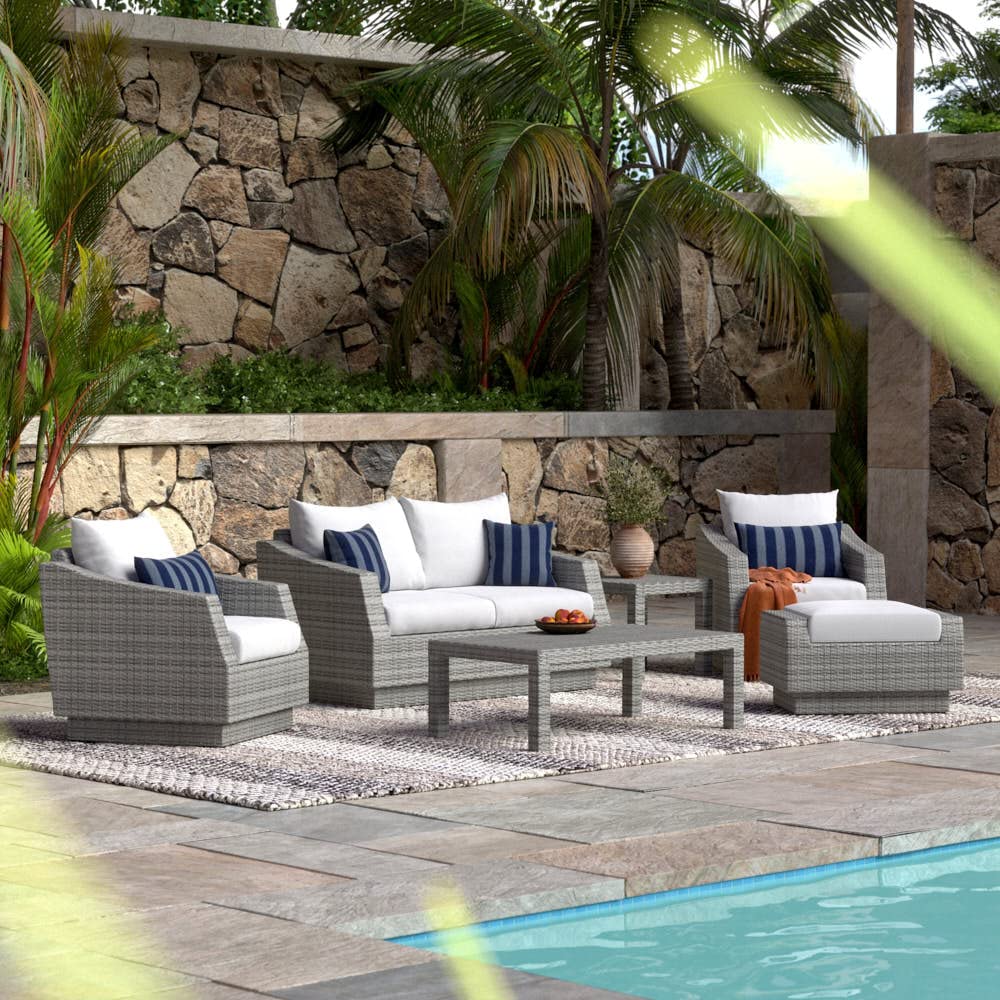 RST Brands Cannes 6-Piece Outdoor Patio Furniture Set - Sunbrella Fabric Loveseat & Club Chairs with Side Tables, Adjustable Feet & Fade-Resistant Cushions - Resin Wicker Conversation Set in Ginkgo Green for Backyard, Garden or Poolside Relaxation