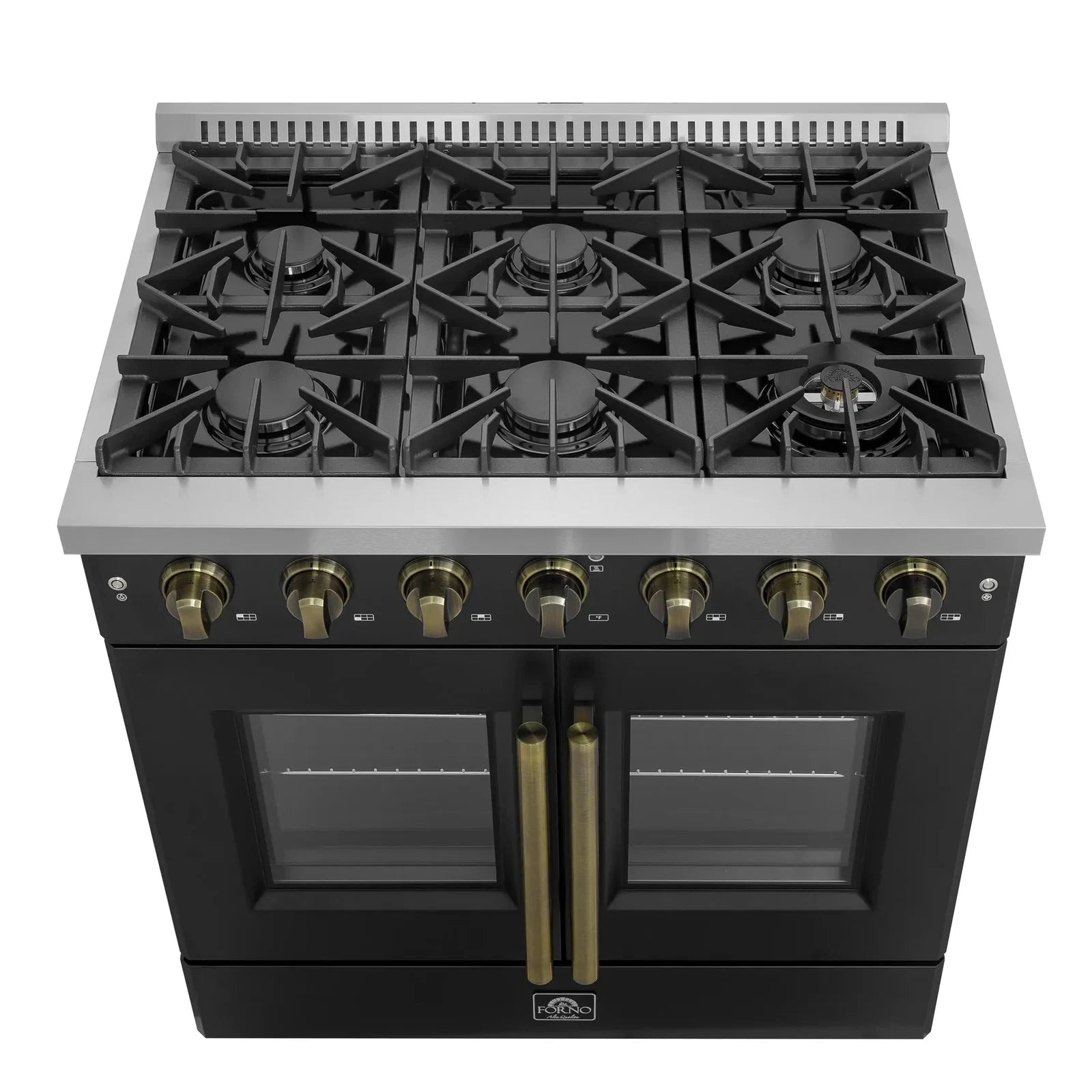 Forno Galiano 36 Inch French Door All Gas Range - Black with Antique Brass Trim - Model FFSGS6444 36BLK - Perfect for Modern Kitchens & Professional Chefs