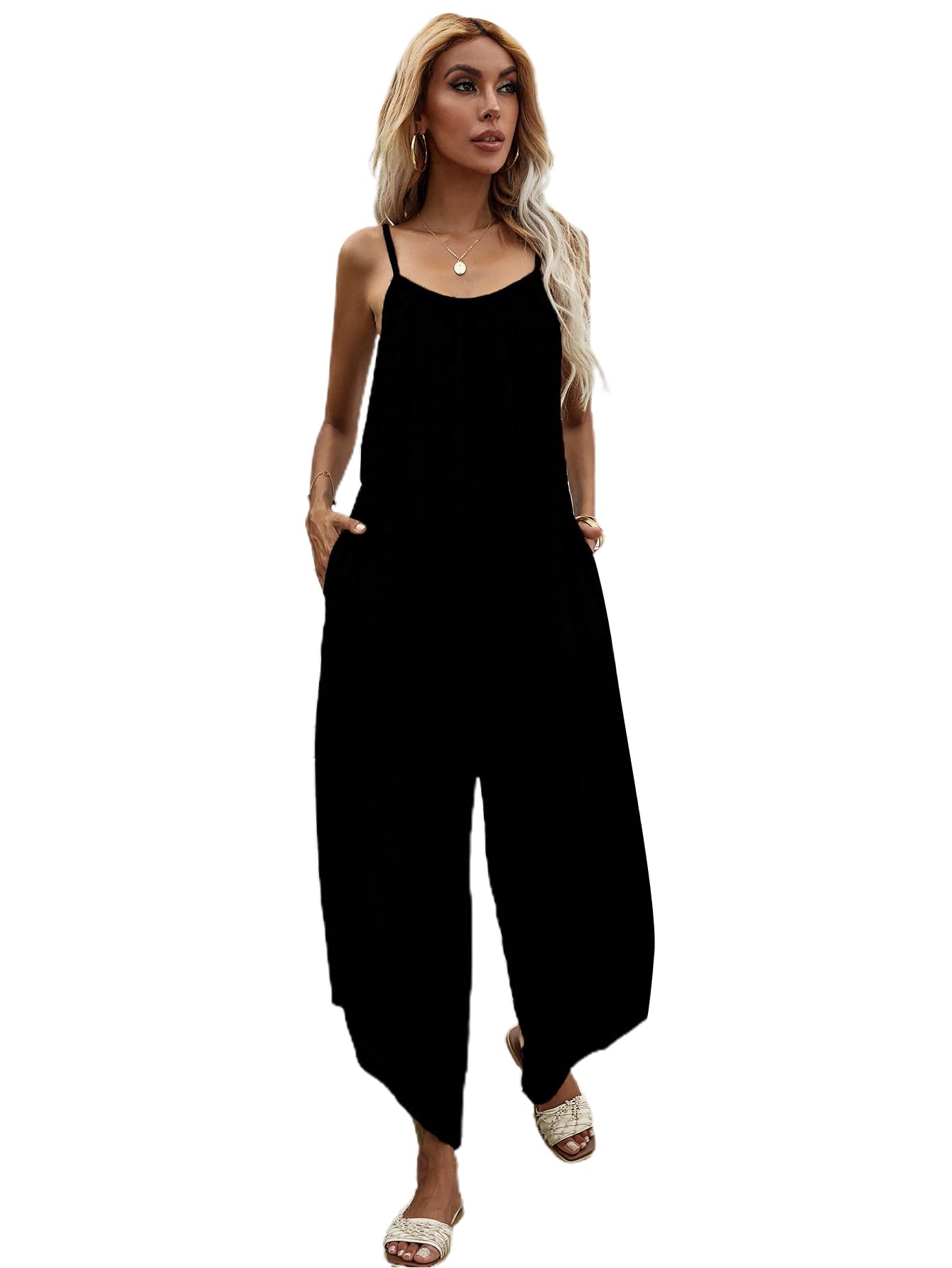 Milumia Women's Casual Backless Spaghetti Strap Sleeveless Jumpsuit Romper with Pockets - Summer Beach Wear, Vacation Outfit, Party Dress for Women