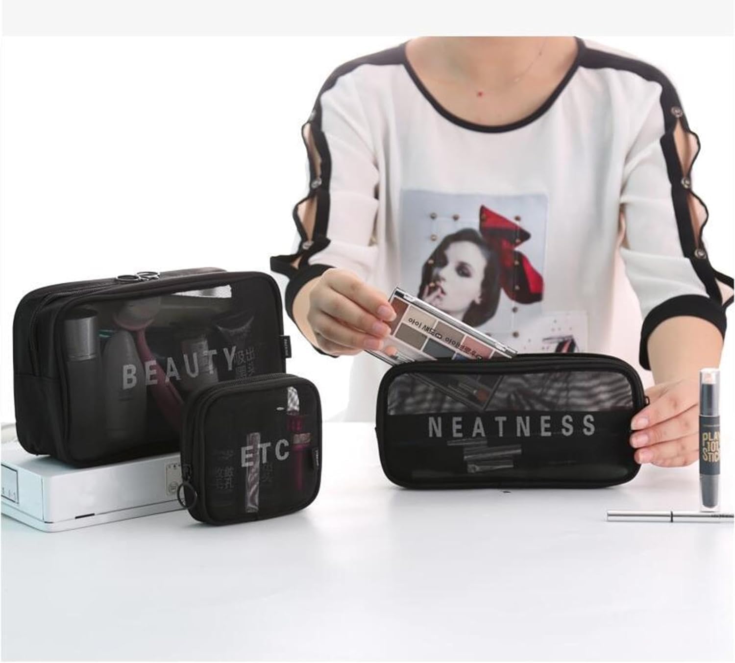 VYATIRANG Nylon Makeup Pouch Travel Toiletries Organizer - 3 Pack Black Mesh Cosmetic Bags for Women, Portable Bathroom & Travel Essentials Case - Perfect for Gym, Vacation, and Daily Use