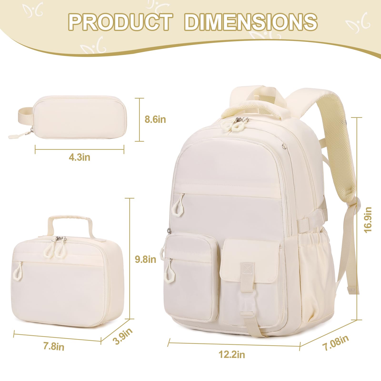 3PCS Girls Backpack Set for School - Cute Kids Backpack with Lunch Bag & Pencil Case, Durable Bookbag for Elementary Middle High College Students (White) - Perfect for School, Travel, and Daily Use
