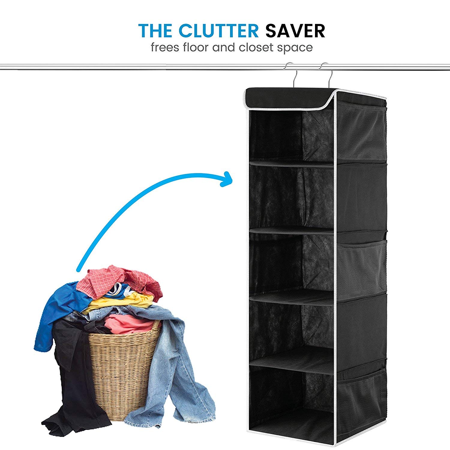ZOBER 5-Shelf Hanging Closet Organizer - Space Saving Storage Shelves for Clothes, Towels & Toys - Perfect for Dorm Rooms, Kids Nursery & Home Closet Organization - Ideal for Small Spaces & Seasonal Storage