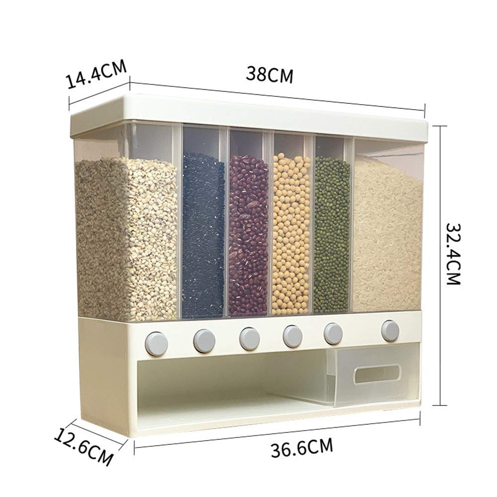 6-Grid Wall-Mounted Whole Grain Rice Storage Container - Dry Food Dispenser for Rice, Cereals & Dried Fruits | Space-Saving Kitchen Organizer for Pantry & Countertop Use