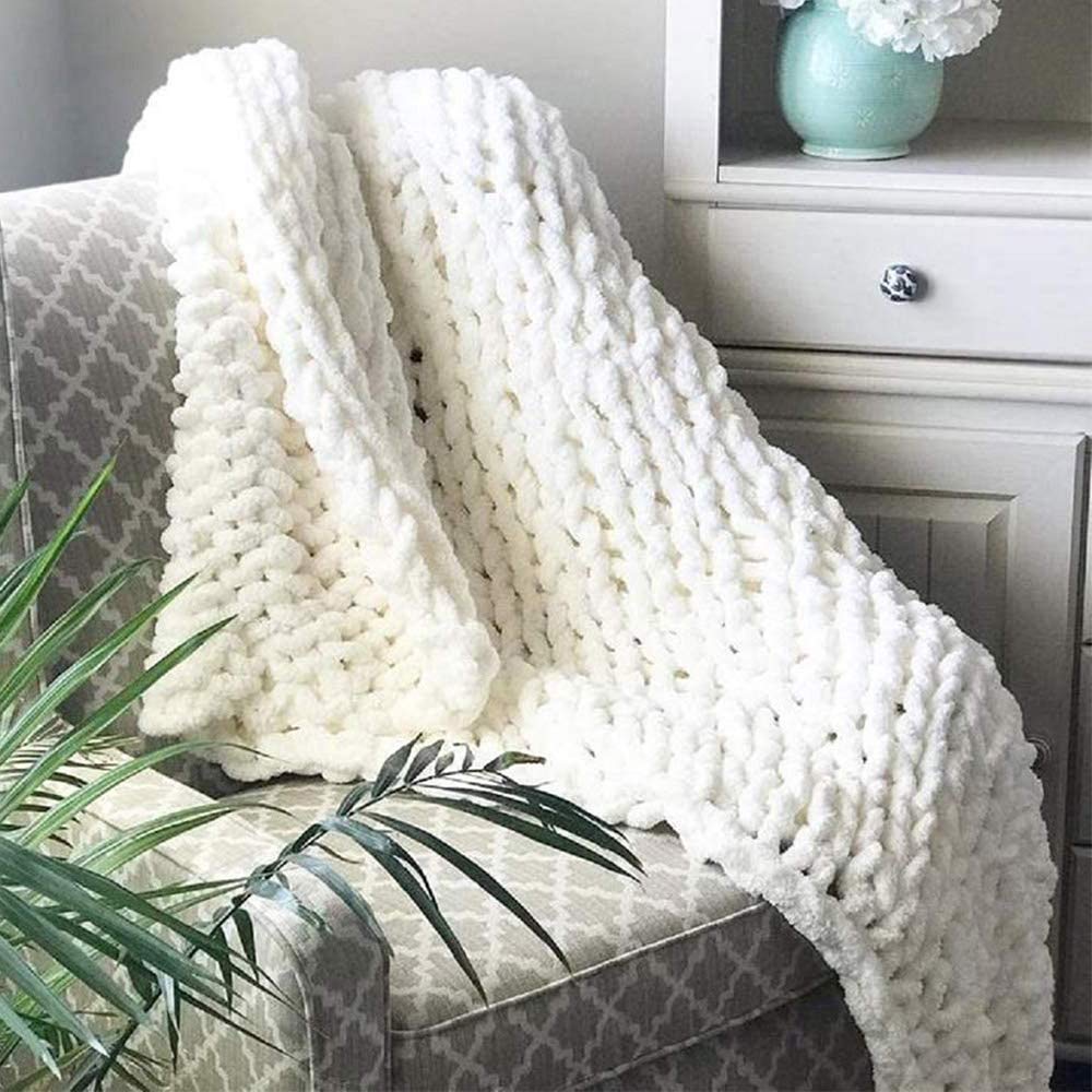Chunky Knit Blanket - Soft Chenille Throw Blanket for Couch, Bed & Nursery | Cozy Braided Design in White | Machine Washable (100x120cm & 150x200cm) | Perfect for Living Room, Baby Room & Pet Bed