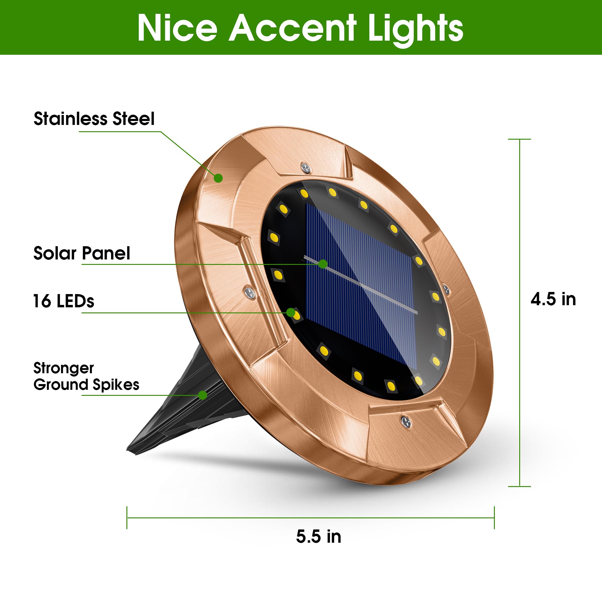 8 Pack Solar Ground Lights Outdoor - 16 LED Waterproof Bronze Landscape Lighting for Yard, Walkway, Garden, Driveway | Solar Powered Path Lights for Night Safety & Decoration (White)