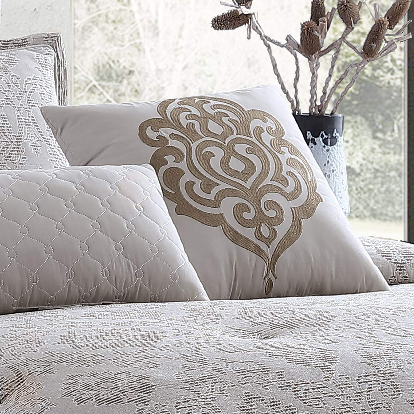 Riverbrook Home 100% Polyester Queen Size Comforter Set - 9 Piece Bedding Set in Tan/Natural | Soft & Breathable for All Seasons | Perfect for Master Bedroom, Guest Room & Dorm