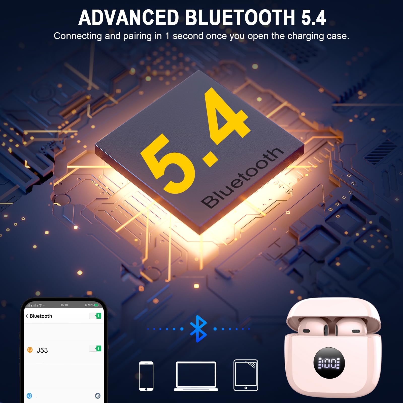 Wireless Earbuds Bluetooth 5.4 with ENC Noise Cancellation Mic - 40H Playtime HiFi Stereo Deep Bass IP7 Waterproof Earphones - USB-C Fast Charge Light Pink - Perfect for Gym, Running, Travel & Work Calls