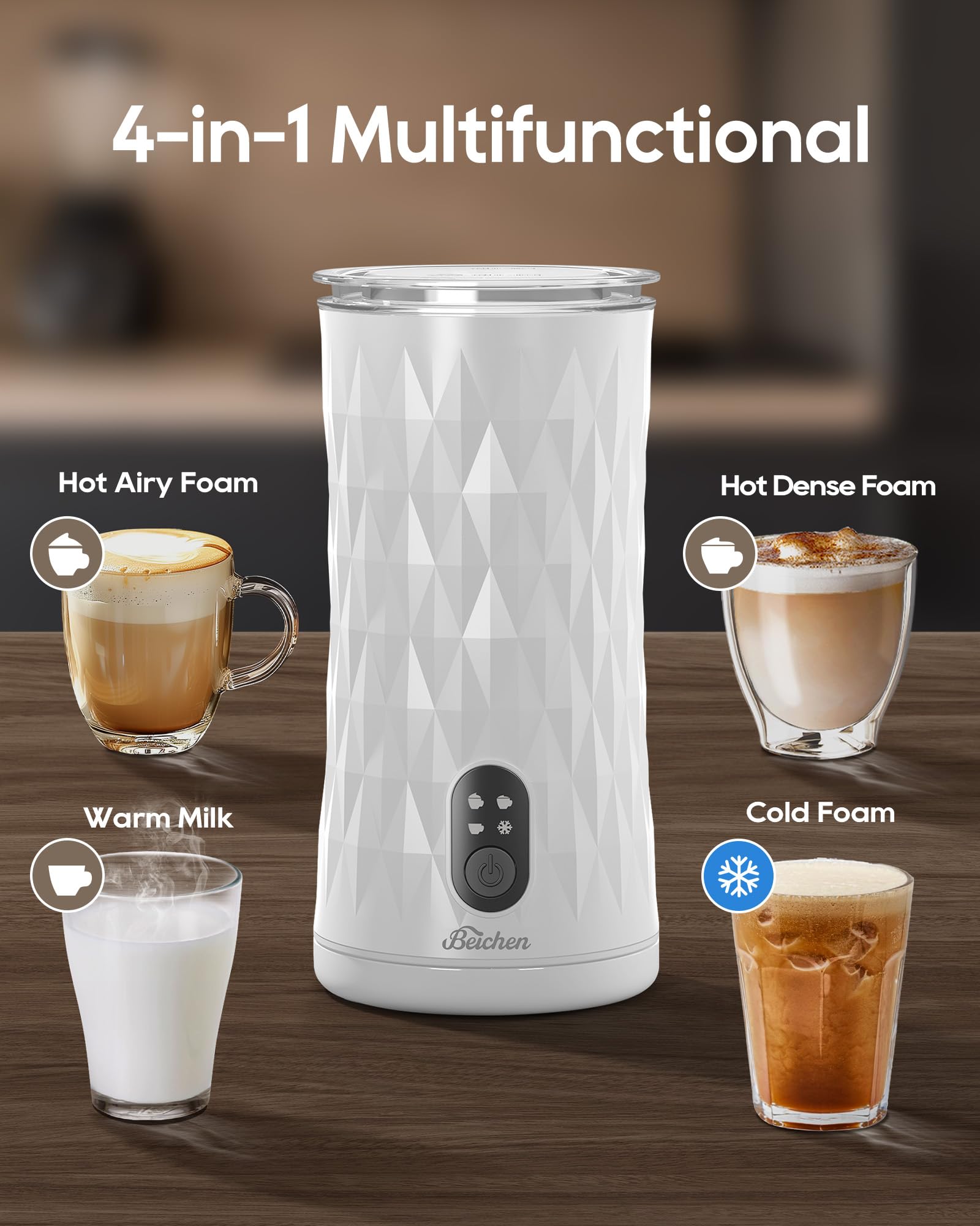 4-in-1 Electric Milk Frother & Steamer with Dual Whisks - Automatic Hot/Cold Foam Maker for Coffee, Latte, Cappuccino, Macchiato & Hot Chocolate - Perfect for Home Baristas & Coffee Lovers (White)